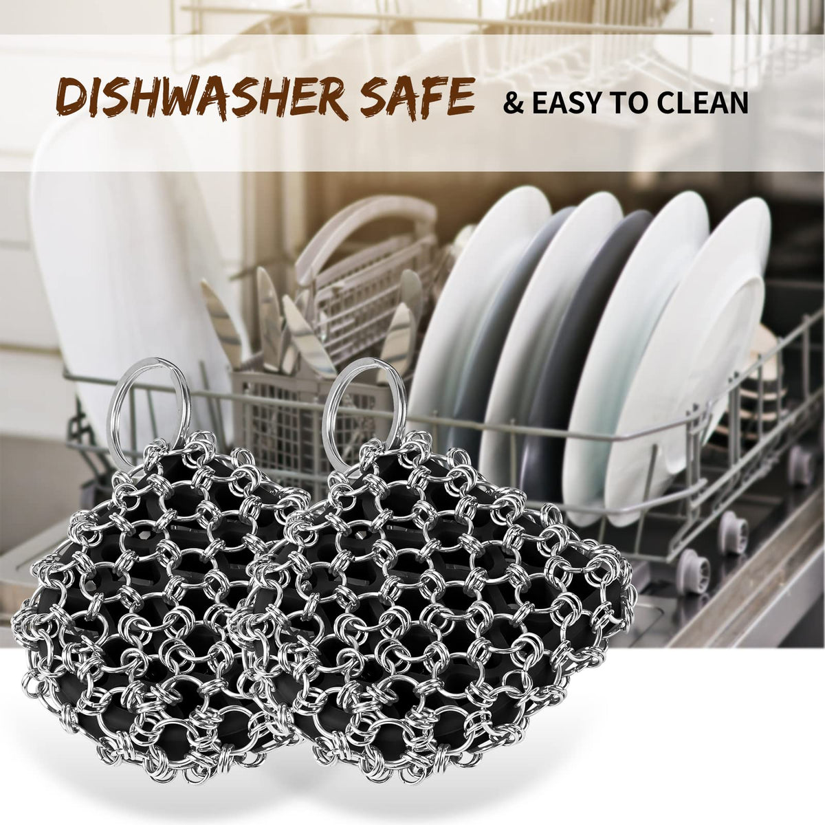 Herda Cast Iron Scrubber Tool Kit,2Pack Cast Iron Skillet Cleaner Cleaning Care Kit 316 Chain Mail Scrubber, Steel Skillet Brush Plastic Pan Scraper Set for Grill Griddle Pot Dish Food