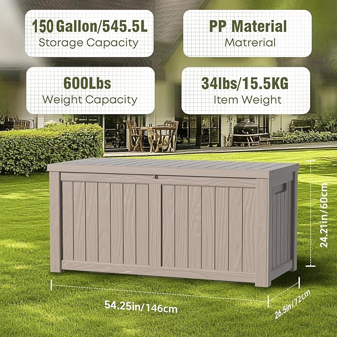 150 Gallon Outdoor Deck Box, Lockable Waterproof Outdoor Storage Boxes For Garden Tools,Indoor Cushions,Accessories Outside Storage Resin Weatherproof Container(Grey)