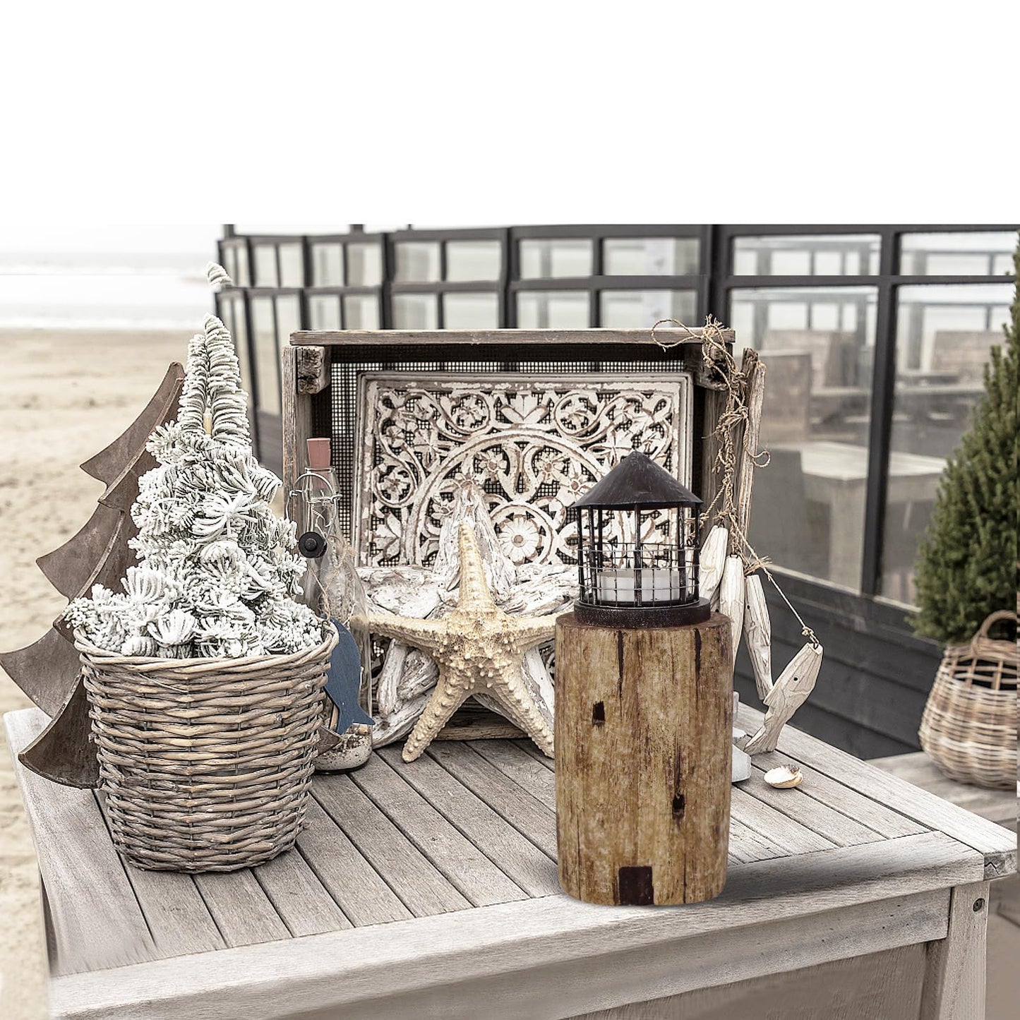 Linfevisi Wooden Lighthouse Candle Holders Decorative Tea Light Holder Ocean Beach Nautical Coastal Mini Standing Lighthouses Figurines Rustic for Home Decor Bathroom Table Party Wedding 10 Inches