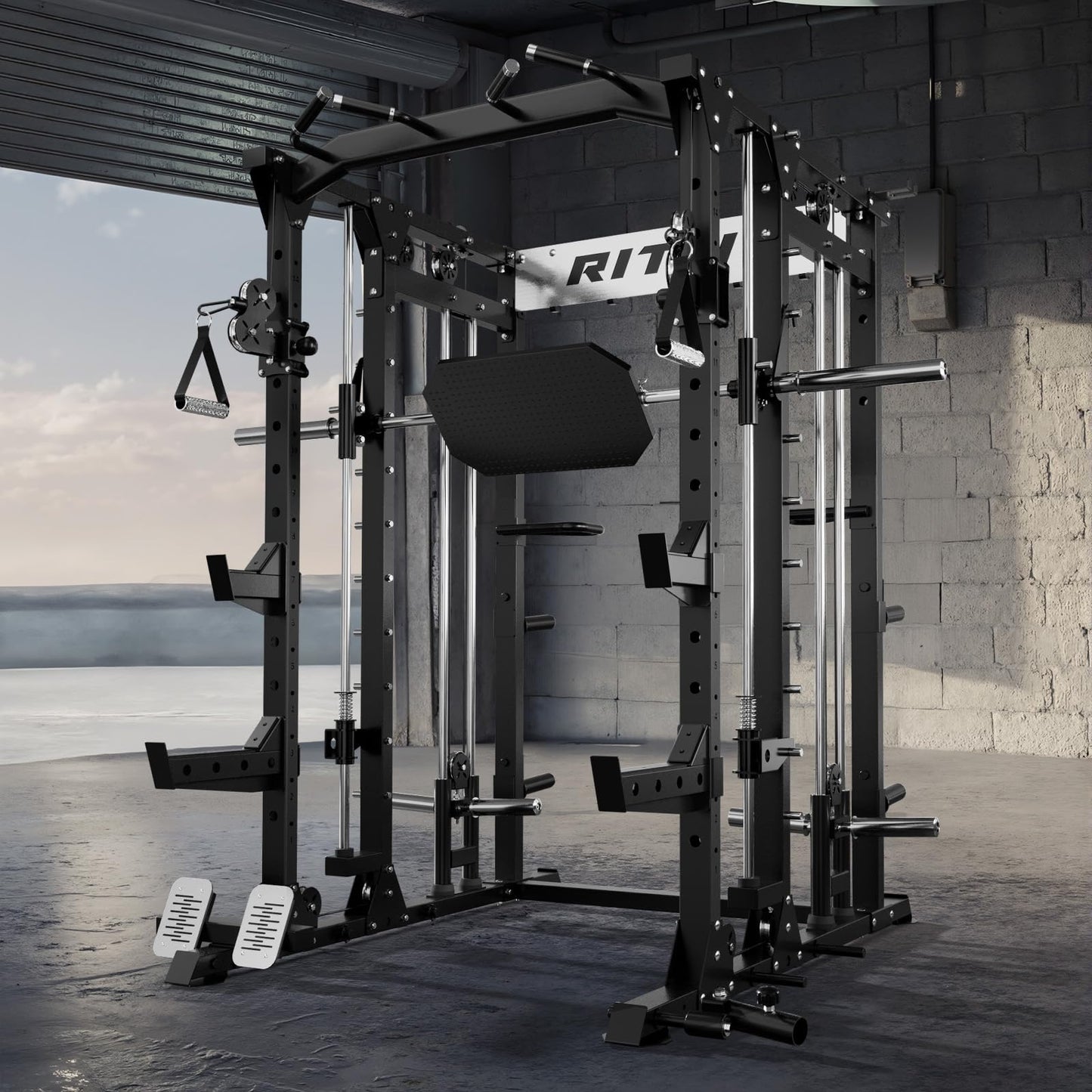 RitFit Buffalo Smith Machine, Power cage with LAT-Pull Down System & Cable Crossover System, All-in-One Squat Rack for Home Gym, Power Rack (Black, Buffalo)
