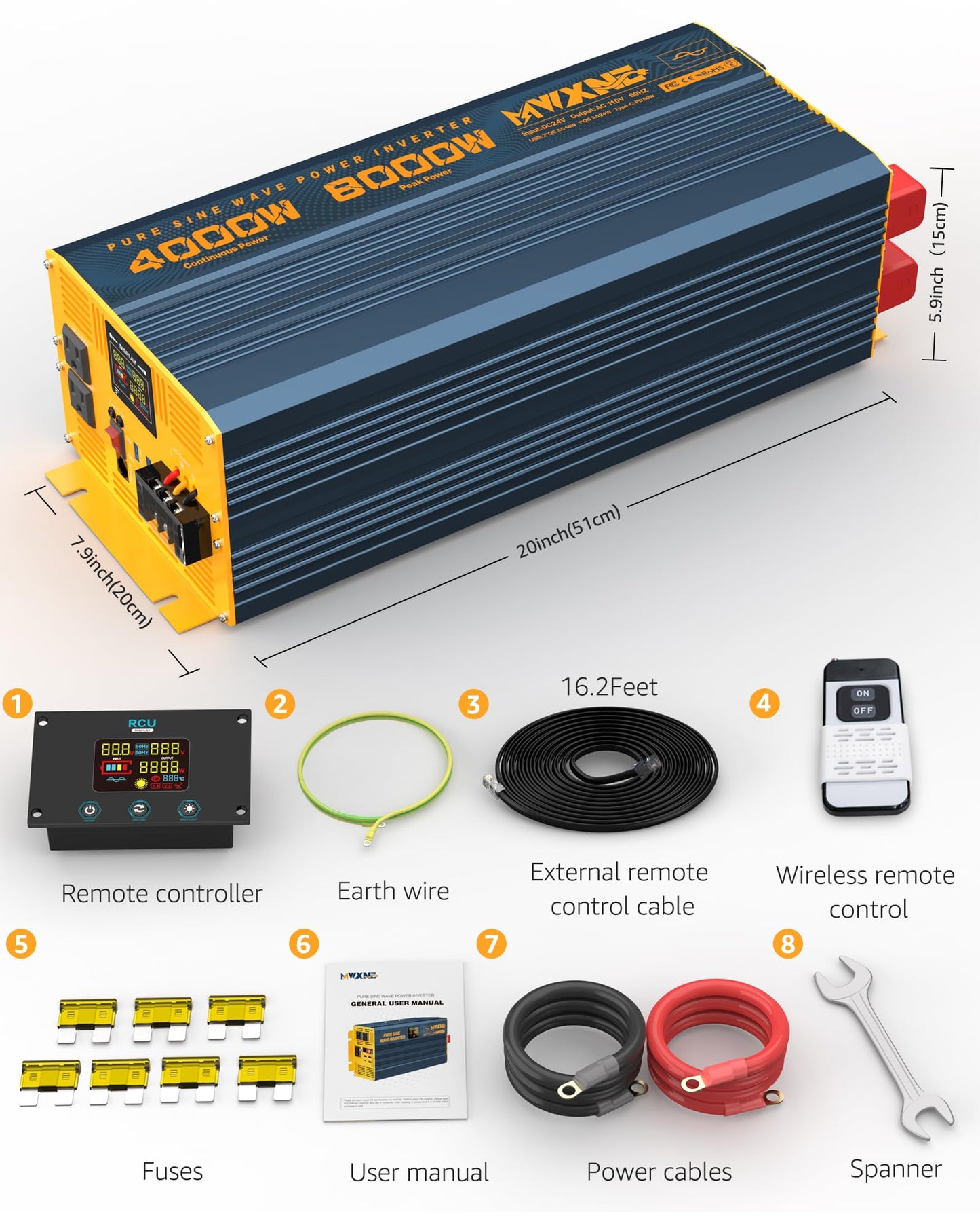 MWXNE 4000W Pure Sine Wave Power Inverter DC 48V to AC 110V 120V for Home RV with Dual AC Outlets 1 USB-C(60W) 3 USB-QC3.0 Fast Car Charger Adapter, LCD Display and Remote Control