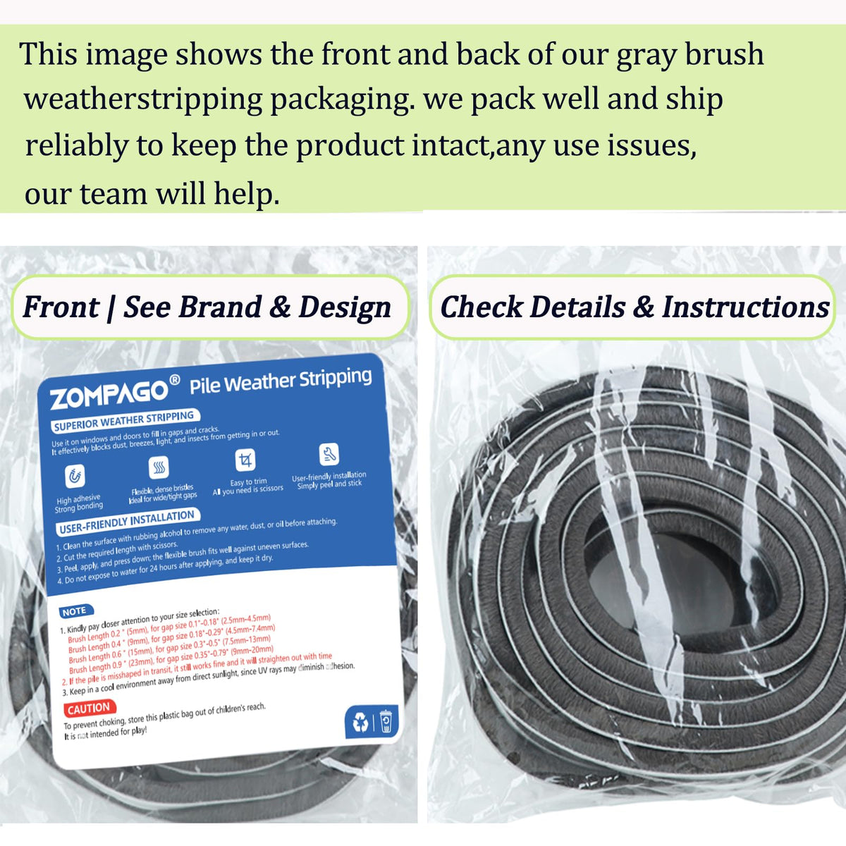 ZOMPAGO Strong Adhesive Brush Weather Stripping 0.9in (T)x 0.4in (W) x 33FT, Grey, Door Seal for Sliding Windows & Doors, Soundproof Noise Blocker, Draft Stopper for Garage Door Frame & Exterior Doors