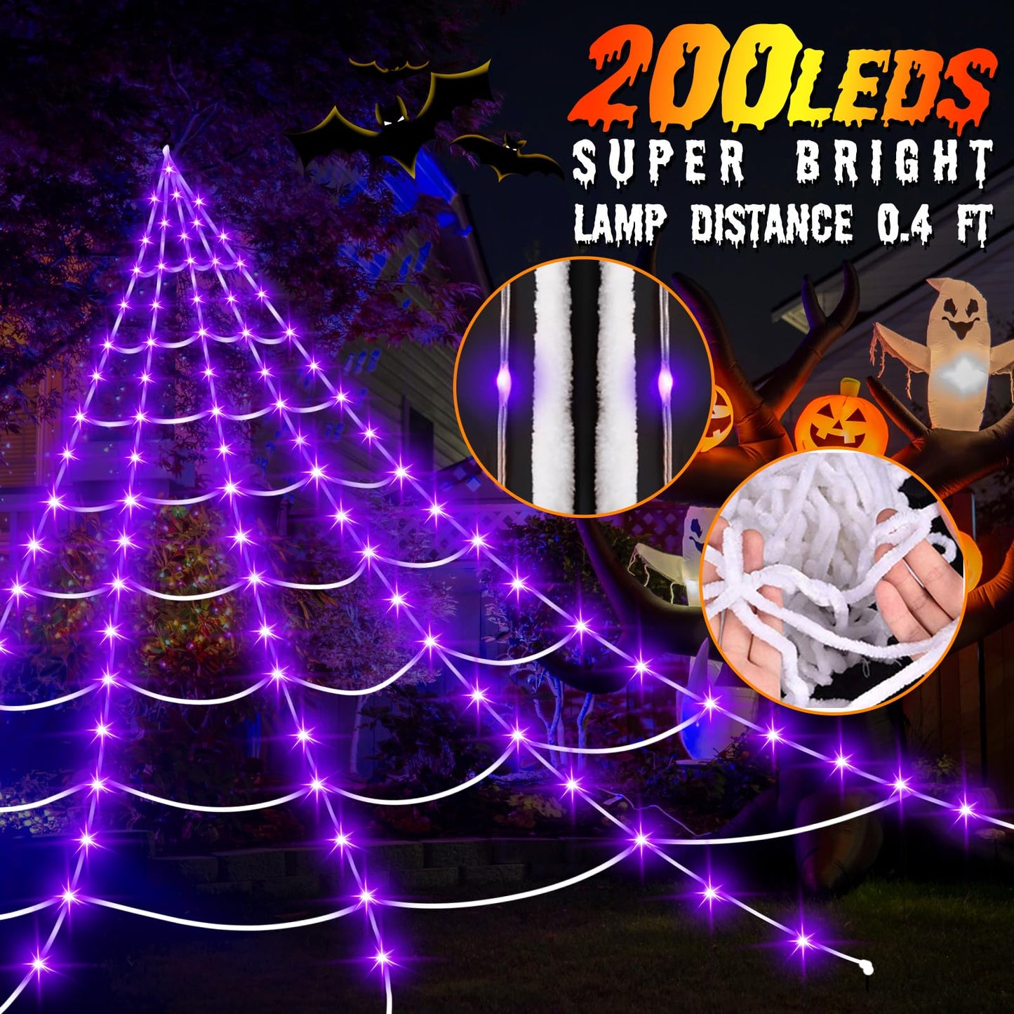Halloween Decorations Outdoor, 200 LED Halloween Giant Spider Web Lights, 16.4Ft Lighted Spider Web Light up for Yard Haunted House Decor