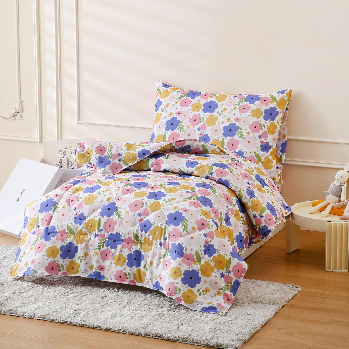 LONAVA Toddler Kids Comforter Set - 4 Pieces Toddler Bedding Sets for Boys Girls Children, Ultra Soft Microfiber Bed in A Bag with Flat Fitted Sheets, Flower