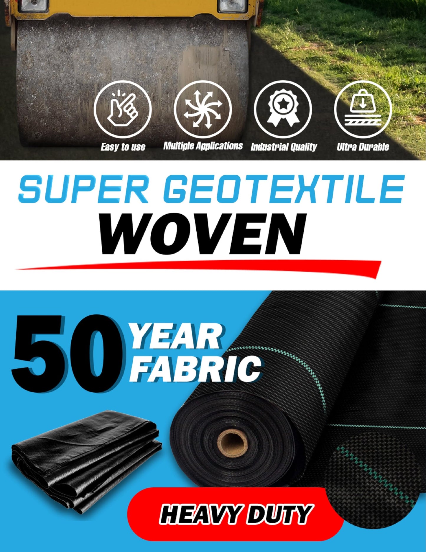 Super Geotextile Woven Geotextile Fabric for Driveway and Road Stabilization, Construction Underlayment, Erosion Control, Commercial Grade 50 Year for Gravel Roads and Pavers (12.5x30) Ships Folded
