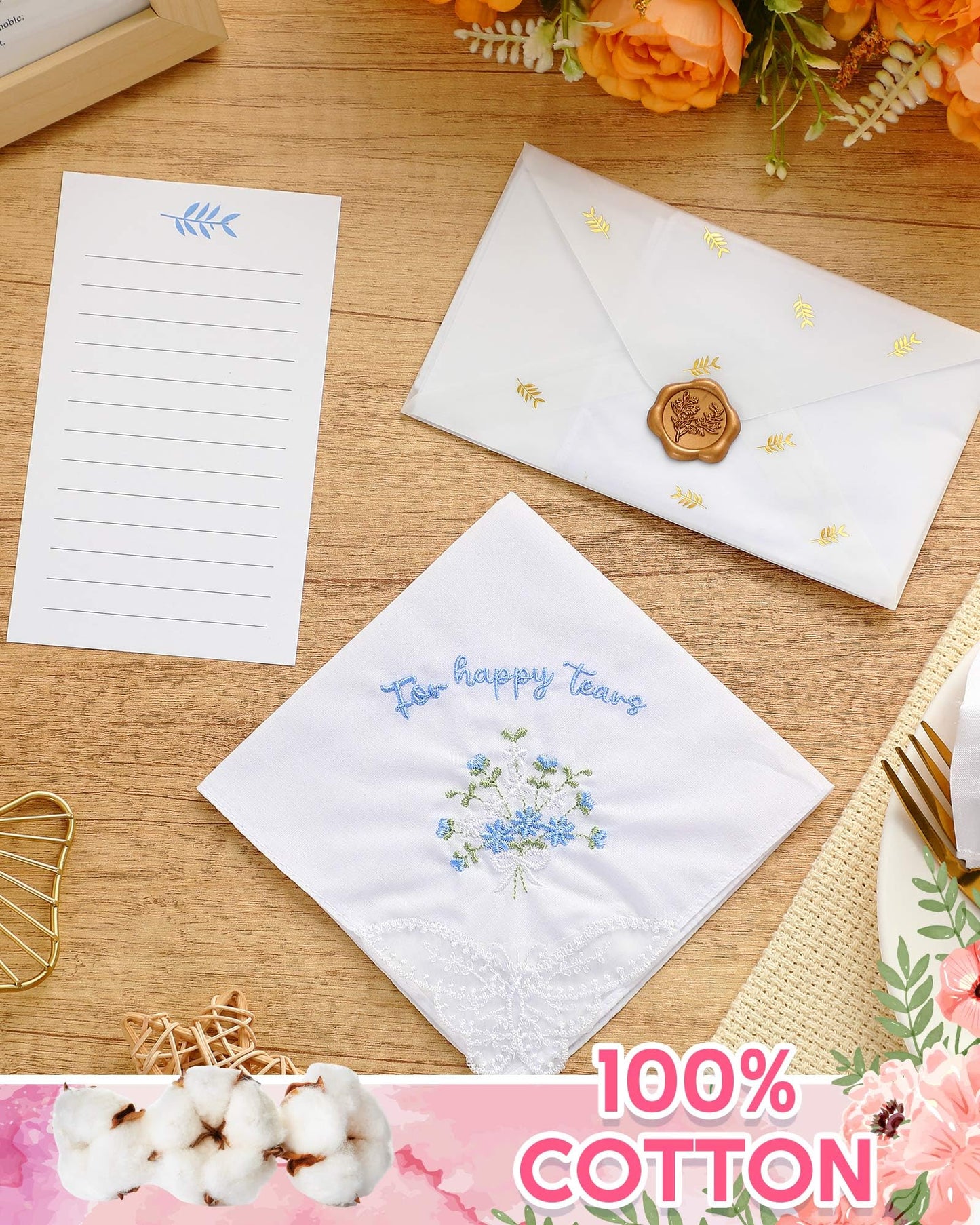 12 Set 6/12 Sets Embroidered For Happy Tears Wedding Handkerchiefs 11" x 11" with Lace Mother of the Bride Gifts for Bride Party