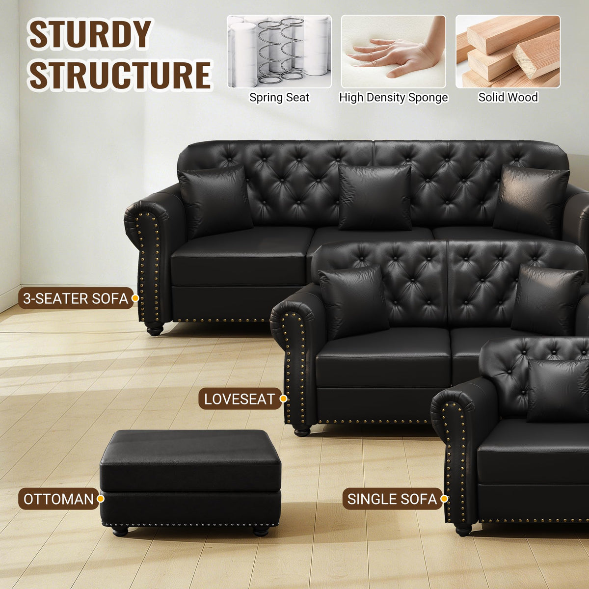 KEIKI 2-Piece Chesterfield Sofa Set with 1 Faux Leather 3-Seater Sofa & 1 Single Sofa, Upholstered 4-Seater Couch Set with Nailhead Trim & Rolled Arms & 1 Ottoman & 4 Pillow, for Living Room, Black