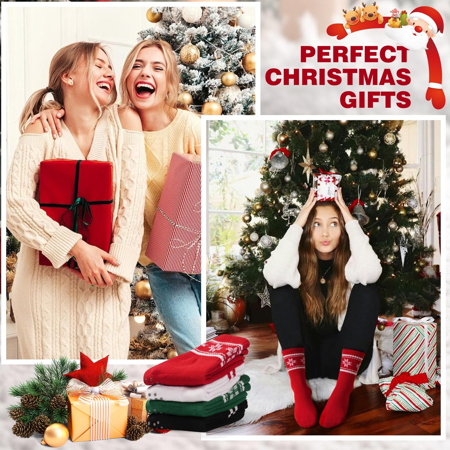 Toes Home Pilates Socks for Women with Non Slip Grips, Christmas Gifts Yoga Crew Socks for Barre Hospital Slipper 4 Pairs Red Green