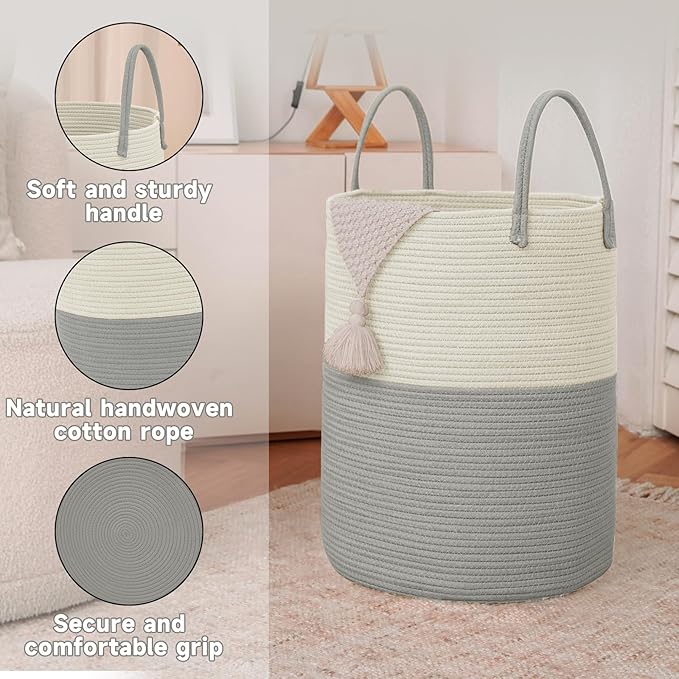 Large Woven Laundry Basket Hamper, 80L Cotton Rope Storage Bin