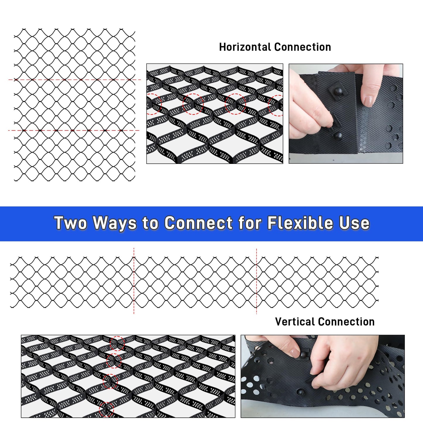Geo Ground Grid 49.5x6.5 FT, 4" Depth Gravel Driveway Grid 1885 lbs per Sq Ft Load, Geogrid Gravel Retainer with Connectors and Stakes for DIY Patio Walkway Slope Grass Pathway Shed Base & Parking Lot