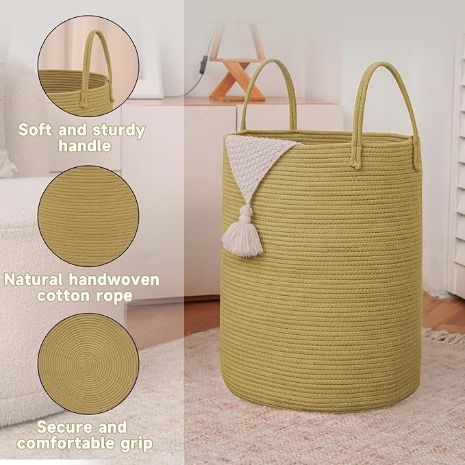 Large Woven Laundry Basket Hamper, 60L Cotton Rope Storage Bin