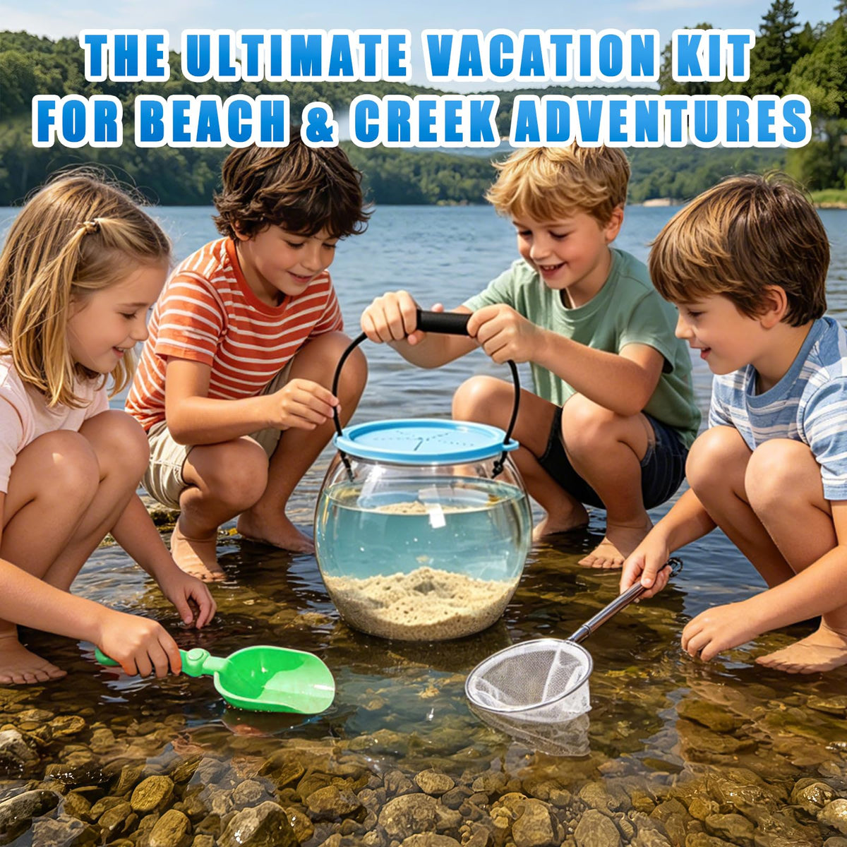 Kids Beach Exploration Kit, Catch & Release Aquarium Toy Set with Net, Crab Tongs, Sand Shovels & Clear Critter Keeper, Beach Toys for Kids Ages 2–12 (Beach, Lake, River)