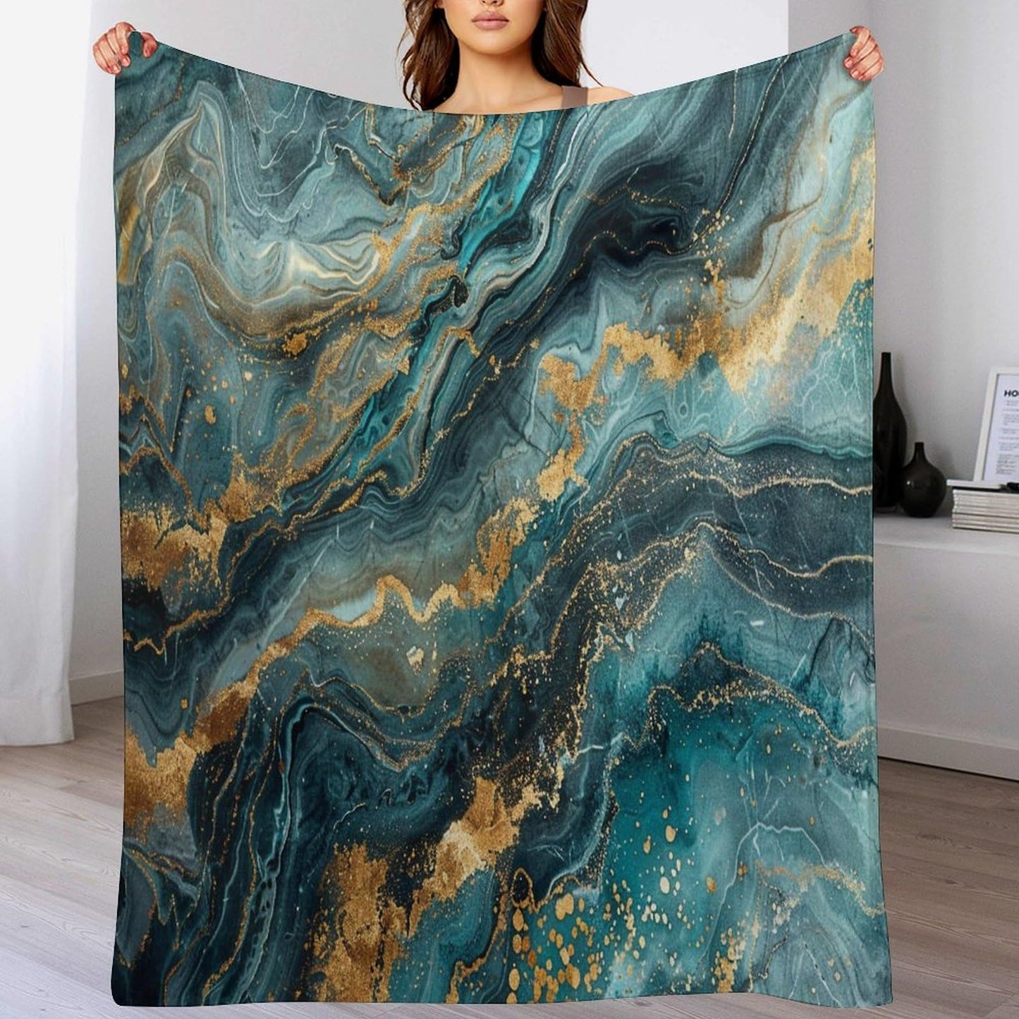 Marble Throw Blanket, Modern Abstract Foil Stone Texture Teal Gold Marble Super Soft Fuzzy Fluffy Blanket for Couch & Bed, Cozy Sofa Warm Blanket for Travel Camping 40"x50"