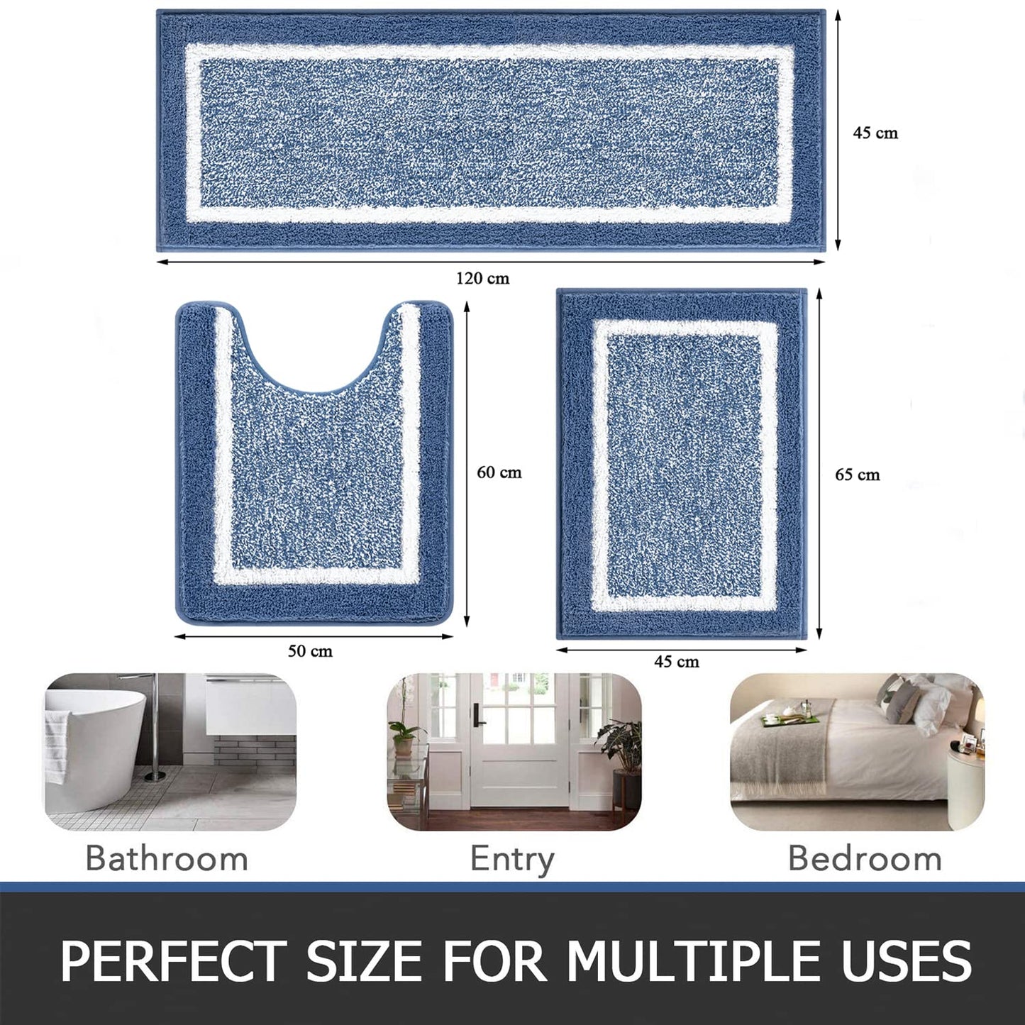 Pauwer Fluffy Bath Mat Sets 3 Piece Washable, Microfiber Non Slip Washable Bath and Pedestal Mat Sets Water Absorbent Bathroom Floor Carpet Rug Shower Rug, Blue