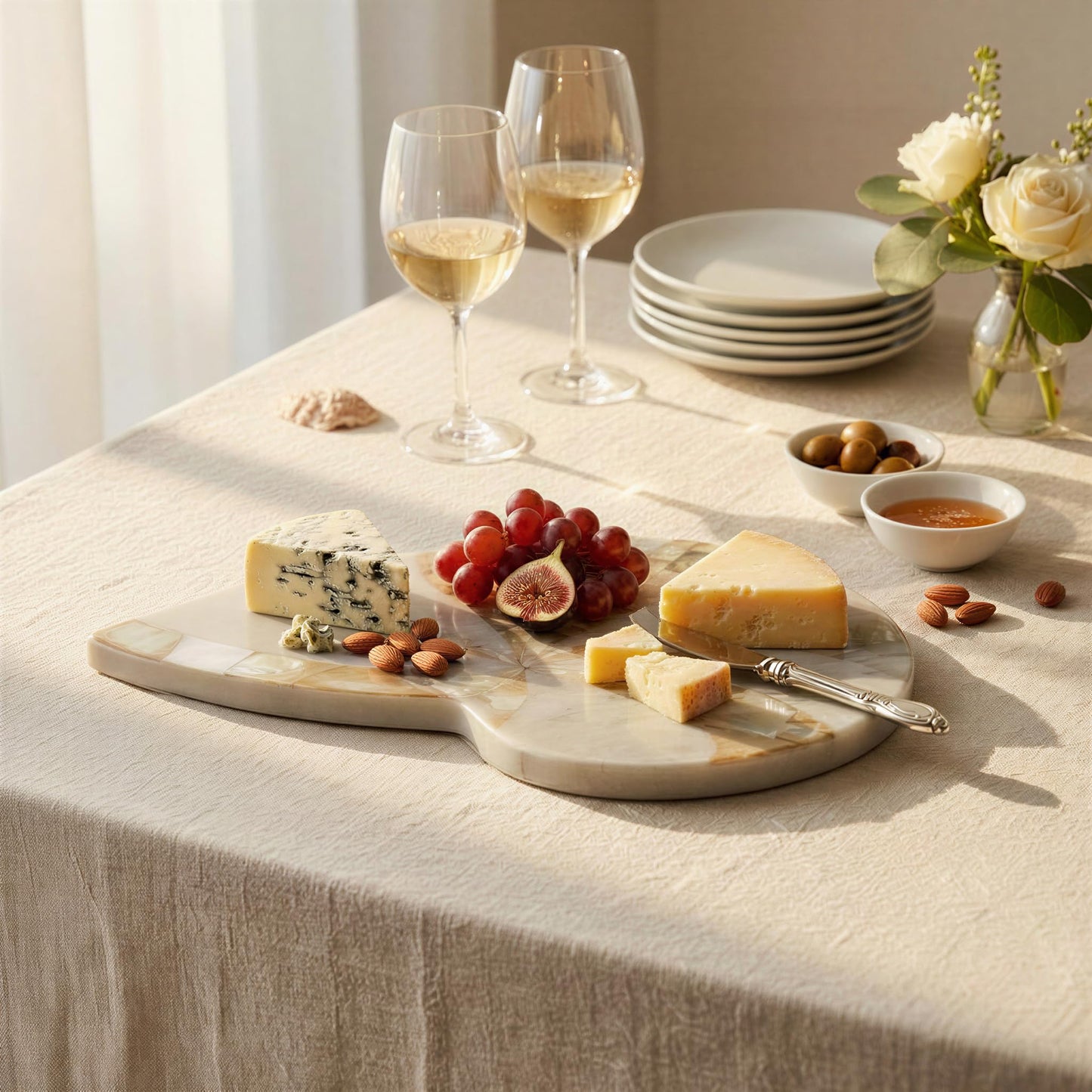 Creative Co-Op Marble Shell-Shaped Cheese Serving Board, White and Natural