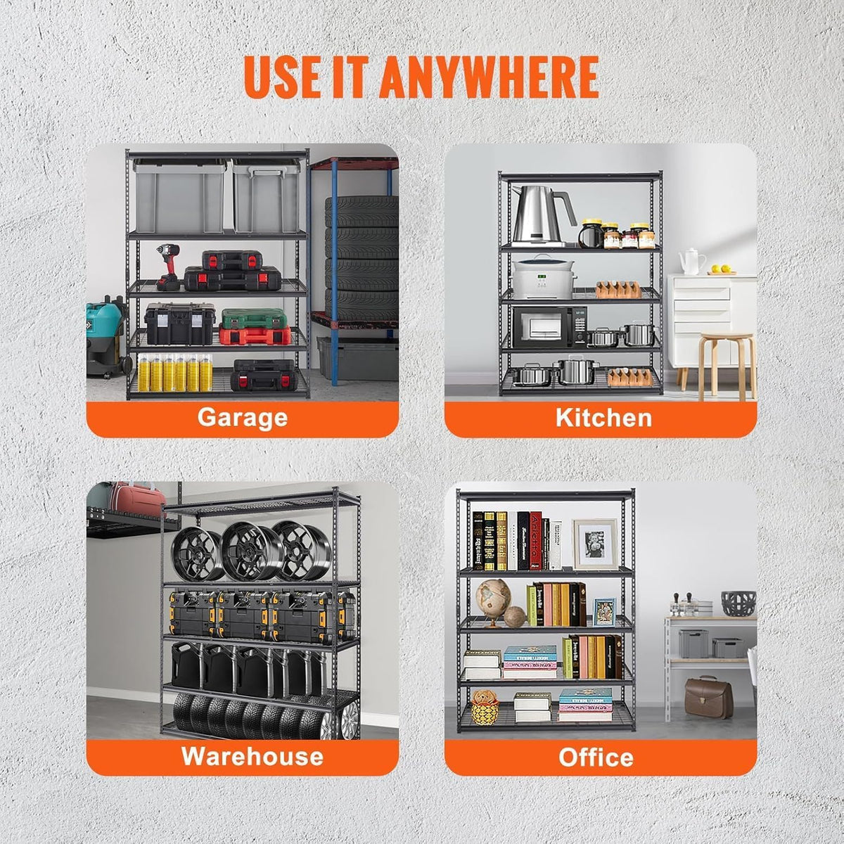 ExploreHorizon 2500 Lbs Capacity Heavy Duty Garage Shelving, 60x24x72 Inch 5-Tier Metal Wire Shelves, Adjustable Industrial Storage Rack for Garage, Basement, Warehouse Organization