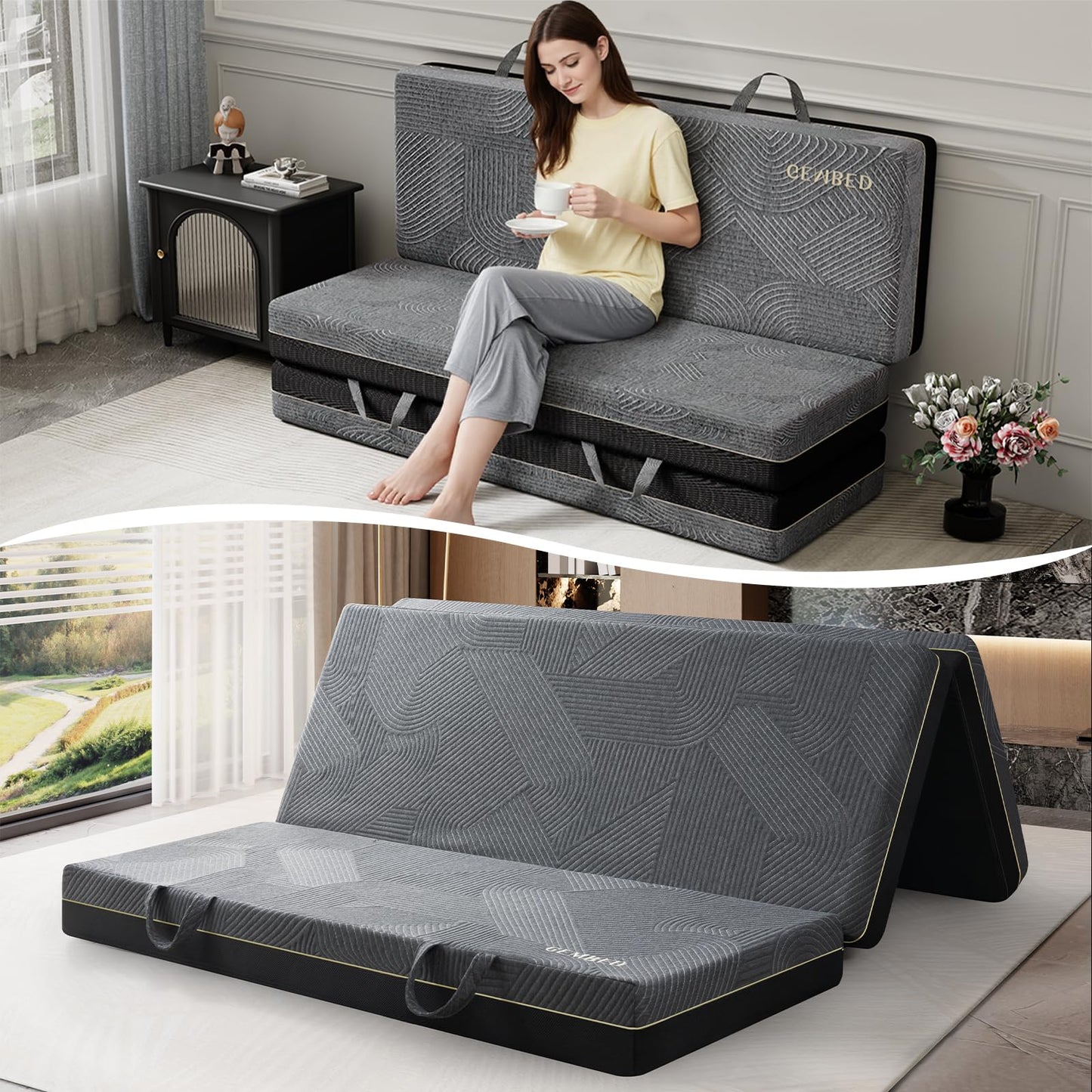 GEMBED Tri Folding Mattress Twin Size - Memory Foam Tri-fold Mattress, Handle & Non-Slip Bottom, Portable Foldable Sofa Bed Floor Chair for Travel RV Camping Guest Yoga - 6 Inch, 75"x38"x6"