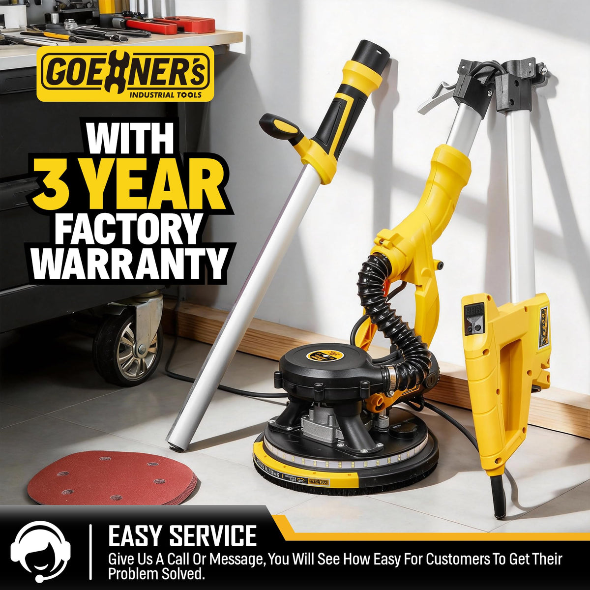 Drywall Sander, 950W 8.5A Electric Drywall Sander with Vacuum Dust Collector, 9 Variable Speed 800-2100RPM, 26FT Power Cord, Wall Sander for Popcorn Ceiling, Pole Sander for Drywall (Yellow)