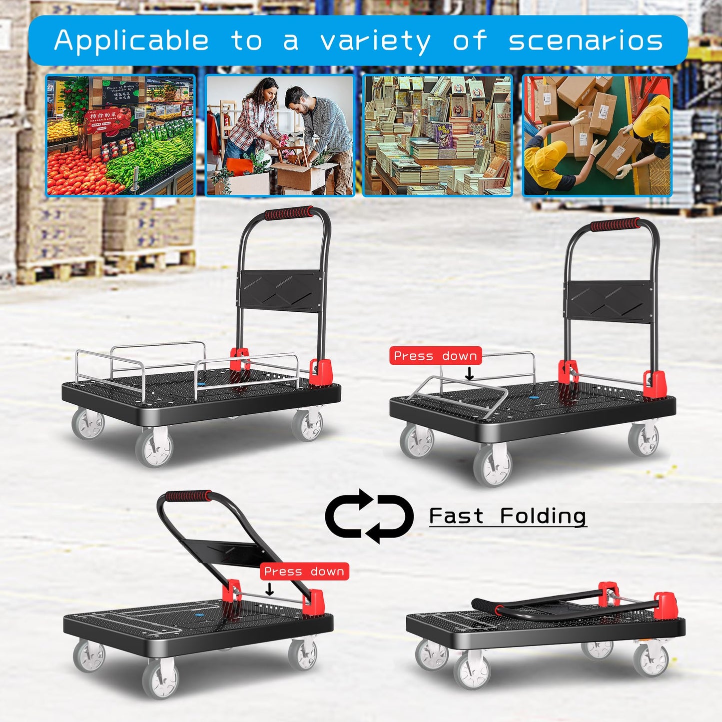 Platform Trucks Flatbed Cart Heavy Duty with Brake Wheels & Fence Foldable Hand Cart 1300lbs Capacity 36"x24" Moving Dolly for Furniture/Office/Groceries/Garage, Black