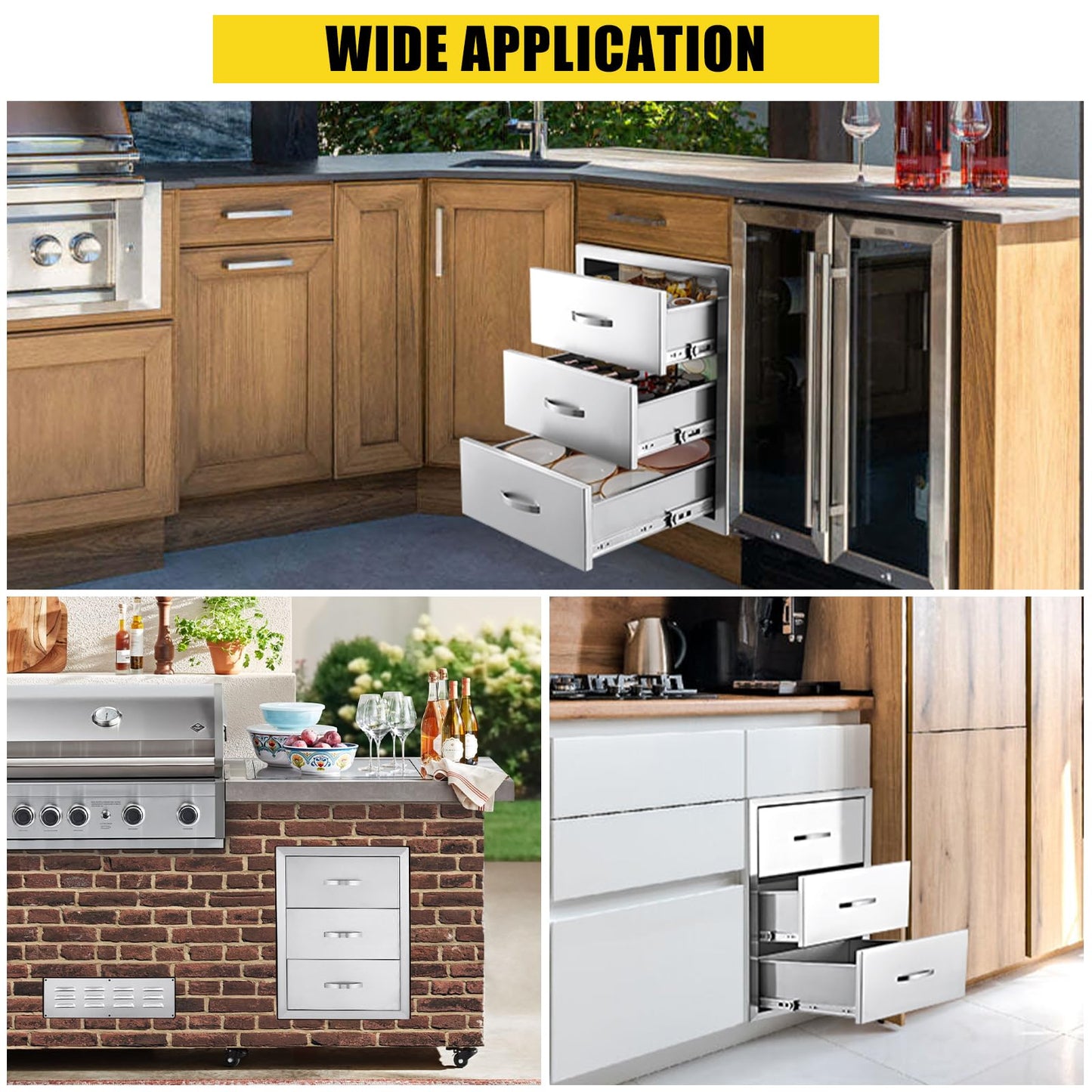 GarveeLife Outdoor Kitchen Drawers - Stainless Steel Flush Mount Triple Access BBQ Drawers, with Divider, Venting Panel for BBQ Island Patio Grill Station, 15.7WX17.7DX21.6H inch