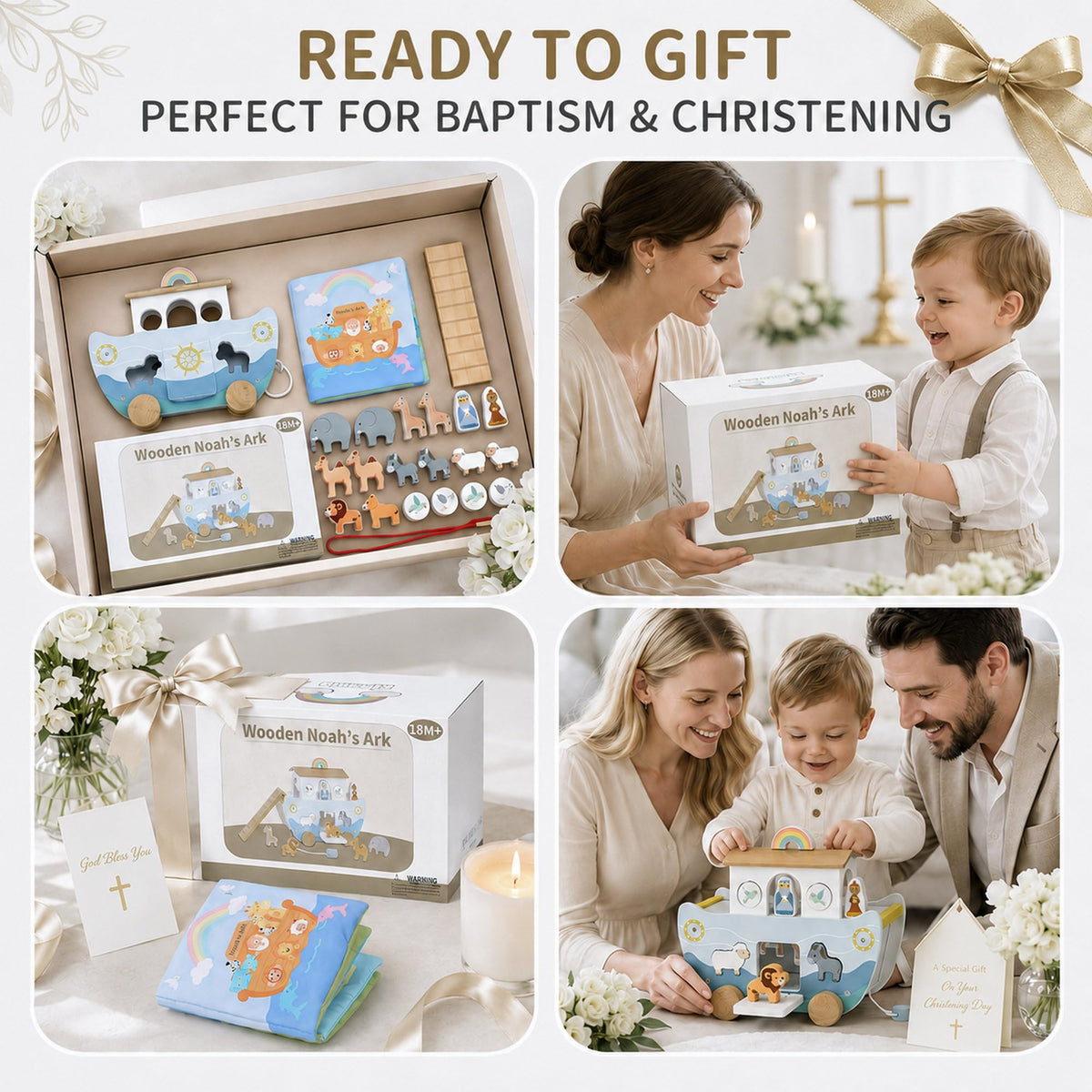 Wooden Noah’s Ark Toy with Cloth Book, Baptism Gifts for Boys and Girls, Christian Shape Sorter Pull Along Playset, Montessori Toys for 1 Year Old, Animal Matching Stacking and Threading Toys