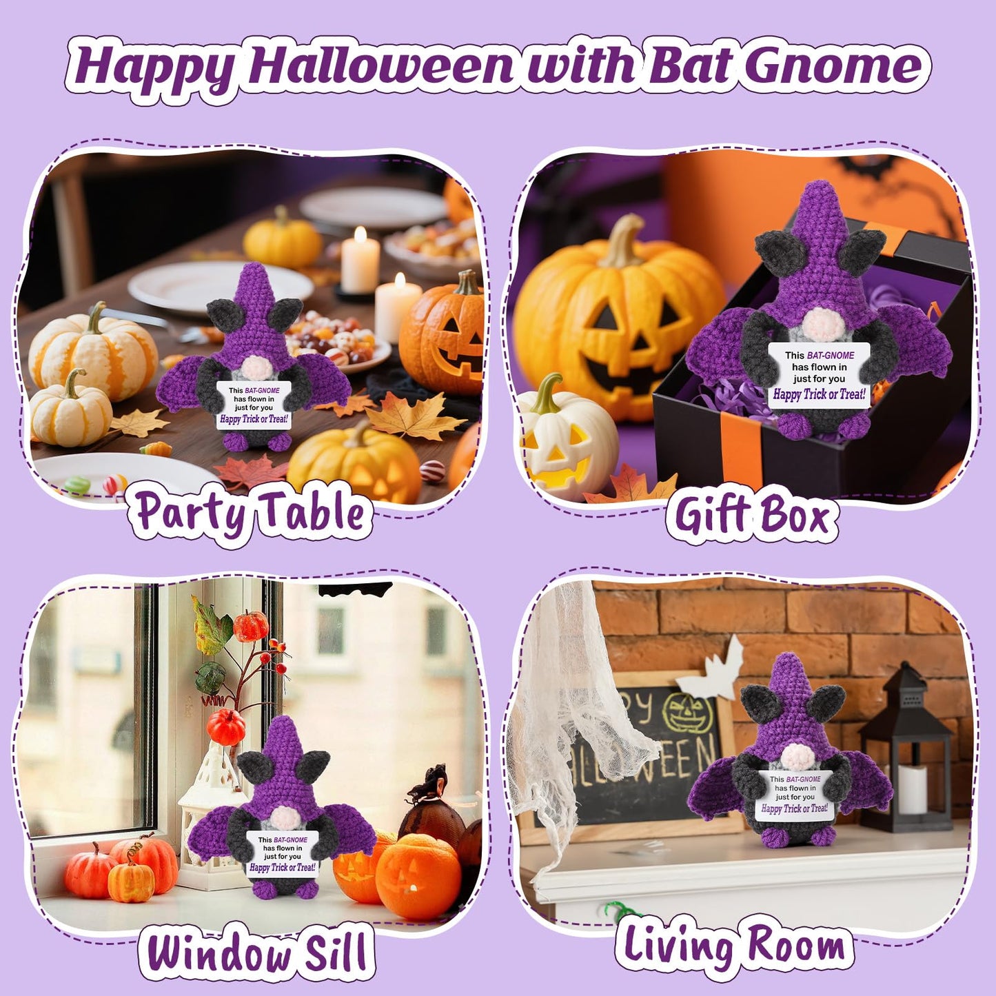 Weming Halloween Treats Non Candy, Crochet Purple Bat Gnome with Greetings, Halloween Toy Gifts, Goodie Bag Stuffers in Treat Bag & Boo Basket
