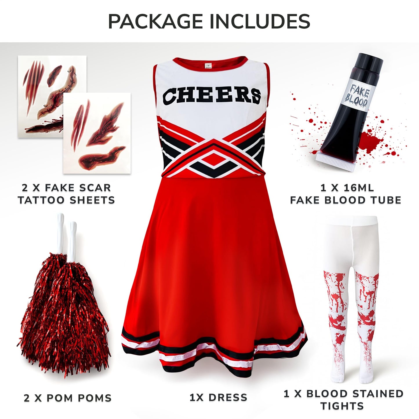 Zombie Cheerleader Halloween Costume for Kids Ages 7-9, Zombie Fancy Dress Outfit for Girls with Pom Poms, Tights, Red High School Cheerleader Costume and Fake Blood, Easy Halloween Kids Dress Up Pack