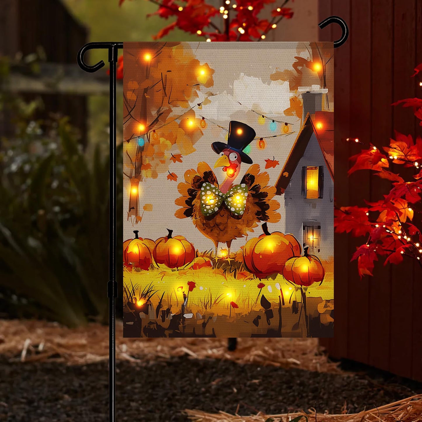 Thanksgiving Lighted Fall Garden Flag, Solar Outdoor Decorative Led Flags Yard Decor, 8 Lighting Modes Led Flag,12x18 Double Sided Turkey Pumpkin Halloween Decorations for Home Porch Outside