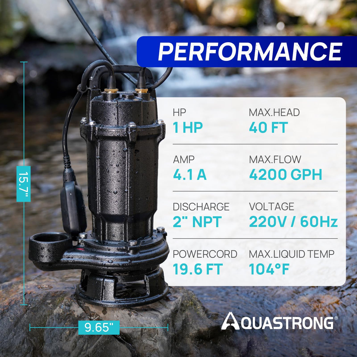 Aquastrong 1 HP Sewage Grinder Pump, 220V 4200 GPH Sewage Pump 2 inch Discharge with Auto Float Switch for Basement Sump Basin and Sewage Well