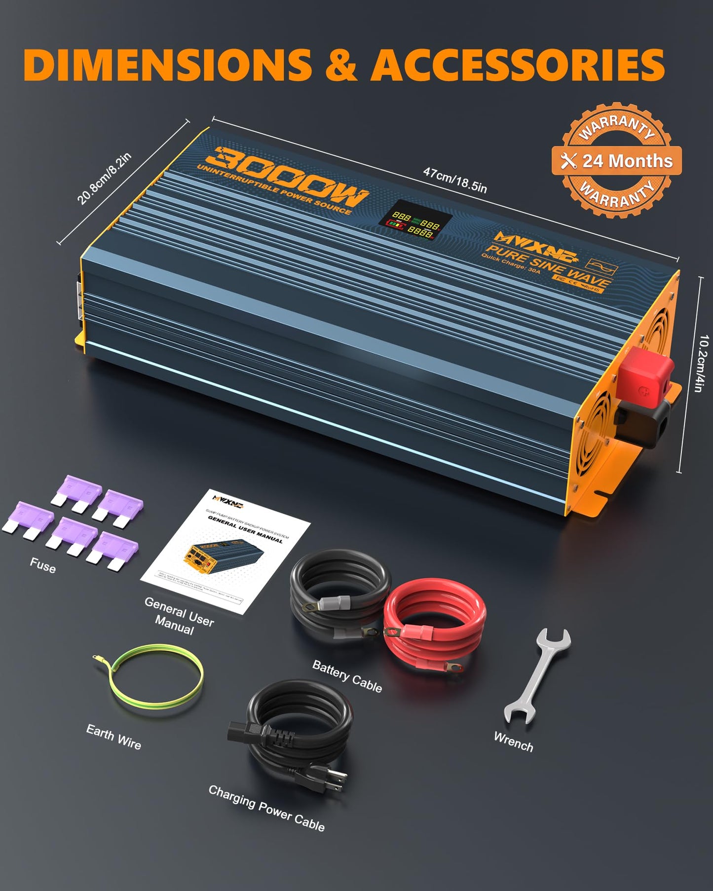 MWXNE 3000W Sump Pump Battery Backup System with LCD Display for Emergency and Power Outage, Pure Sine Wave Inverter, Auto Switches for Grid and Battery