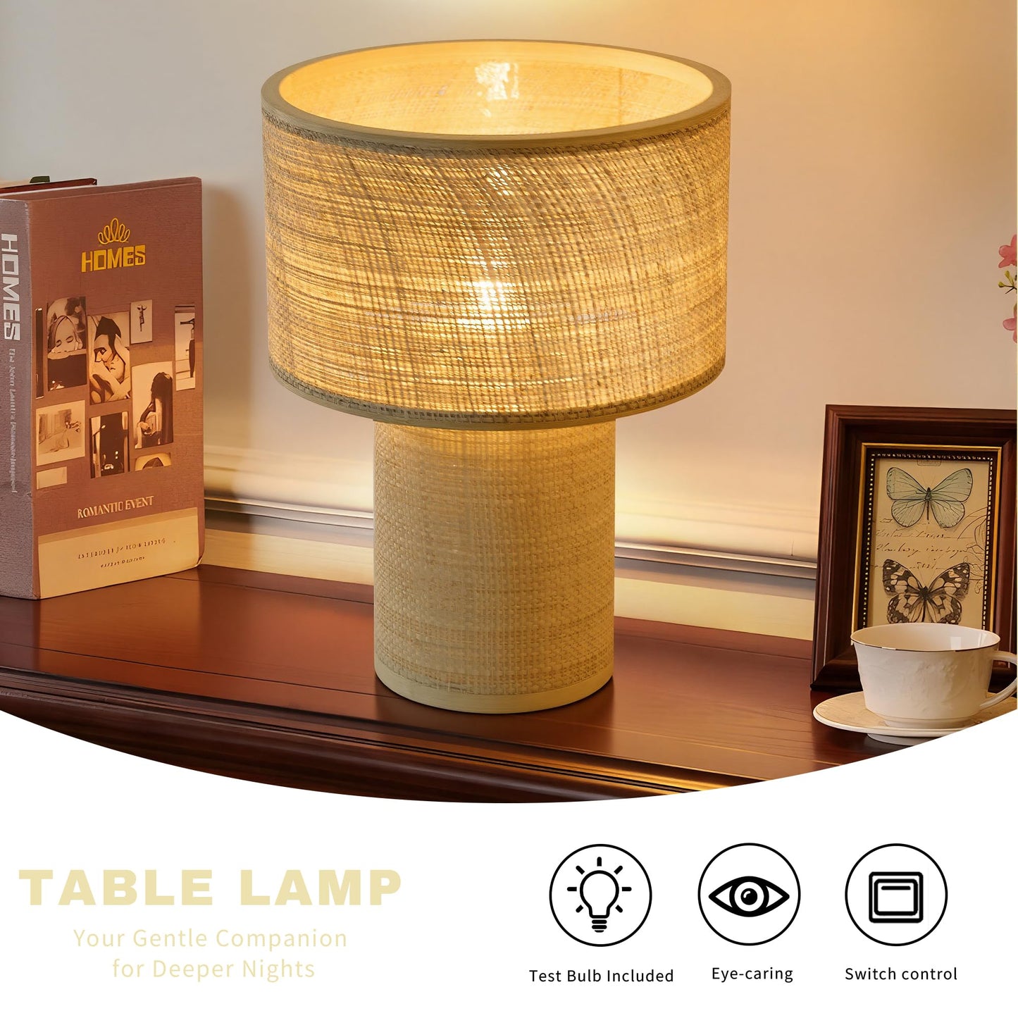 Booniture Handwoven Table Lamp, Boho Bedside Lamp with Linen Shade, Bamboo and Rattan Woven Desk Lamp for Bedroom Living Room Nightstand