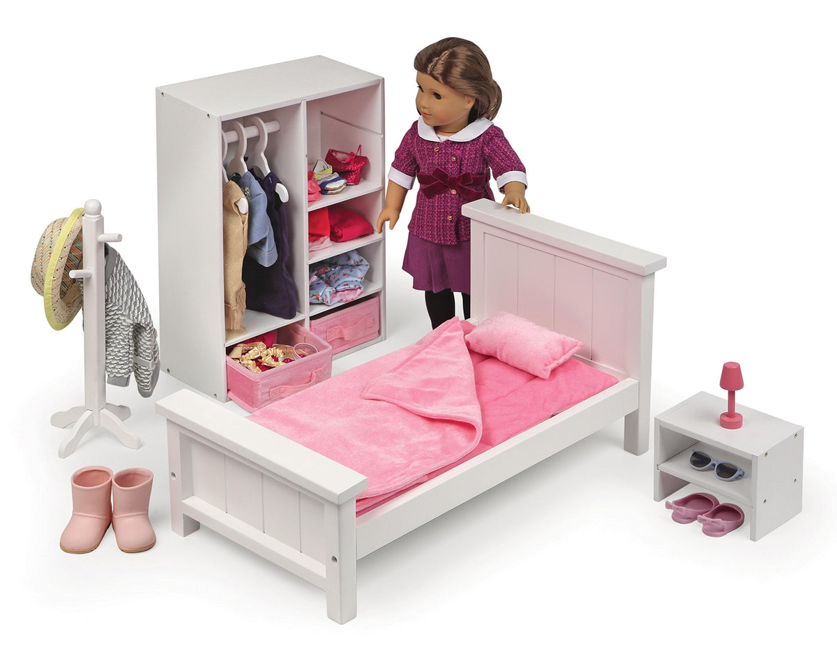 Badger Basket 13-Piece Bedroom Furniture Set for 18 Inch Dolls – Includes Bed, Armoire, Nightstand & Accessories