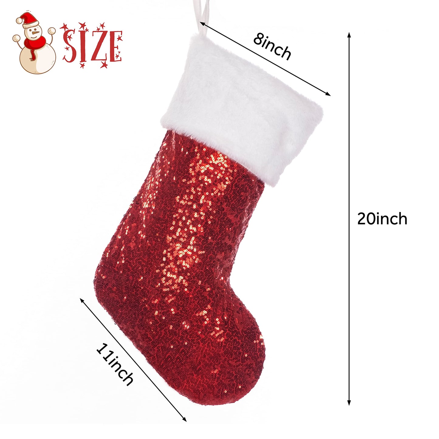BHD BEAUTY Christmas Stockings 6 Pack for Family 20 inches Red/White/Grey Sequin Sparkle Glitter with Large Plush Cuff Classic Fireplace Tree Decorations Hanging Ornament for Xmas Season Party Decor