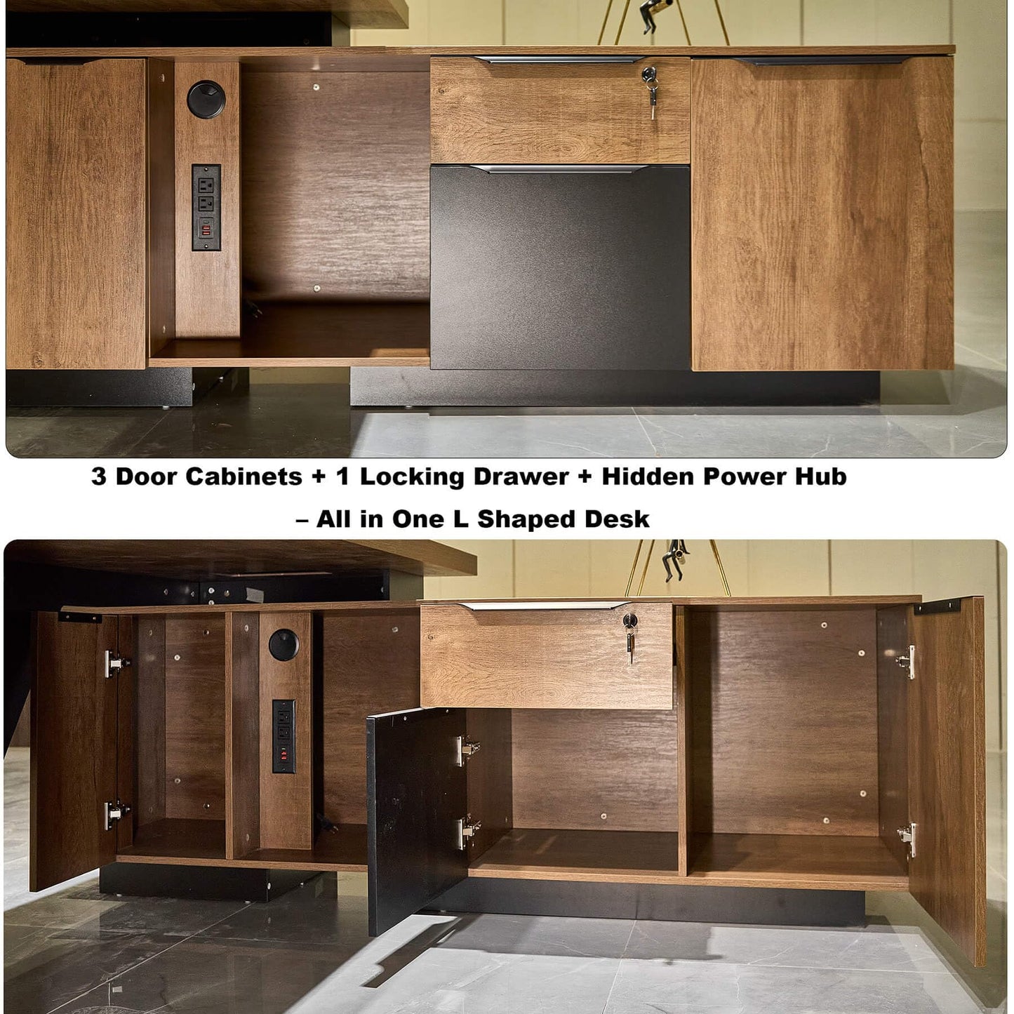SAINTCY Retractable L-Shaped Executive Desk, Commercial-Grade Office Desk with Reversible Storage Cabinet, Built-in Power Hub, Modern Executive Desk for Home & Business Office
