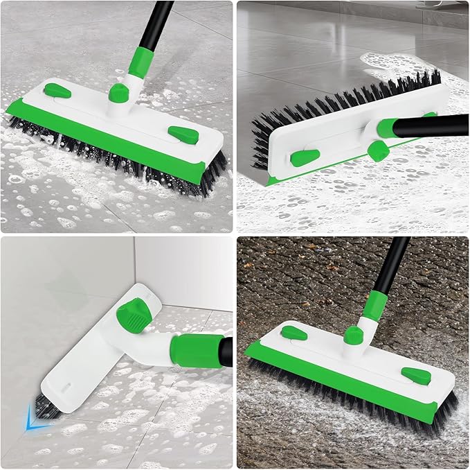 Floor Scrub Brush with Long Handle, 3-in-1 Scrape Scrubber Brush with Squeegee