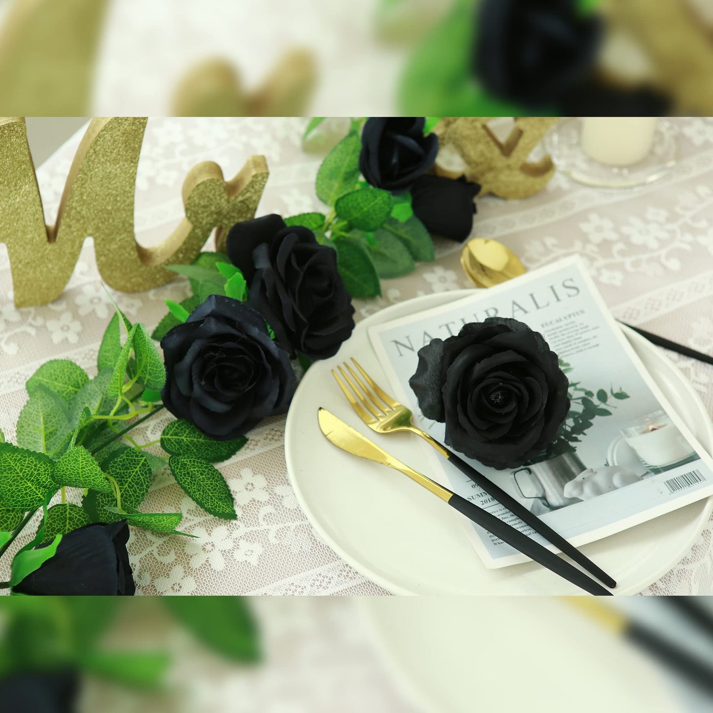 Felice Arts 2 Pack Black Artificial Flower Garland Each 6.5FT Fake Rose Vine Hanging Rose Garland for Halloween Wedding Flowers Table Centerpiece Arrangement Mirror Decor