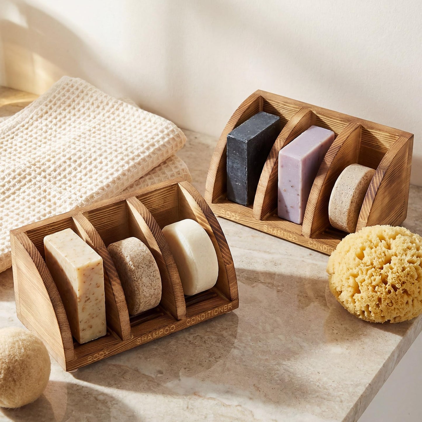 Ferrochef Wooden Shampoo Bar Holder Multi Bar Soap Dish with Self Draining, 3 Slot, Natural Wood Soap Holder for Shower Conditioner Bathroom Organizer, Extend Shampoo Life, Keep Dry Neat