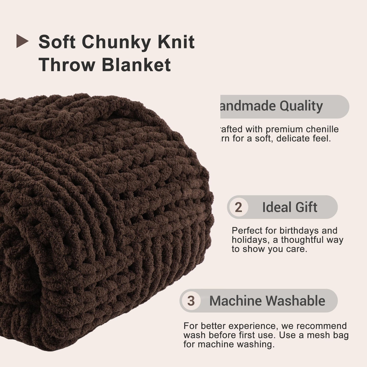 Bunnikins & Clover Dark Brown Throw Blanket for Couch, Chunky Knit Chocolate Throw Blanket for Bed, Chenille Brown Blanket for Home Decor, 50"x60"