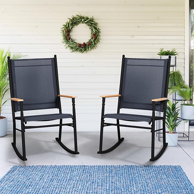 Shintenchi 2 Pcs Outdoor Rocking Chairs Set,Upgraded High Back Patio Rocking Chairs Set,Breathable Textilene Fabric Rocking Chair for Porch,Patio,Garden,Balcony,Dark Grey