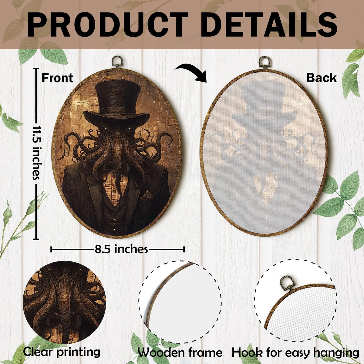 laveliabel Gothic Cthulhu Oval Canvas Art Wall Decor, Dark Academia Halloween Cthulhu Framed Canvas Prints, Moody Gothic Animal Oval Hanging Wall Decor for Home Living Room Bedroom, 8.5x11.5 Inches