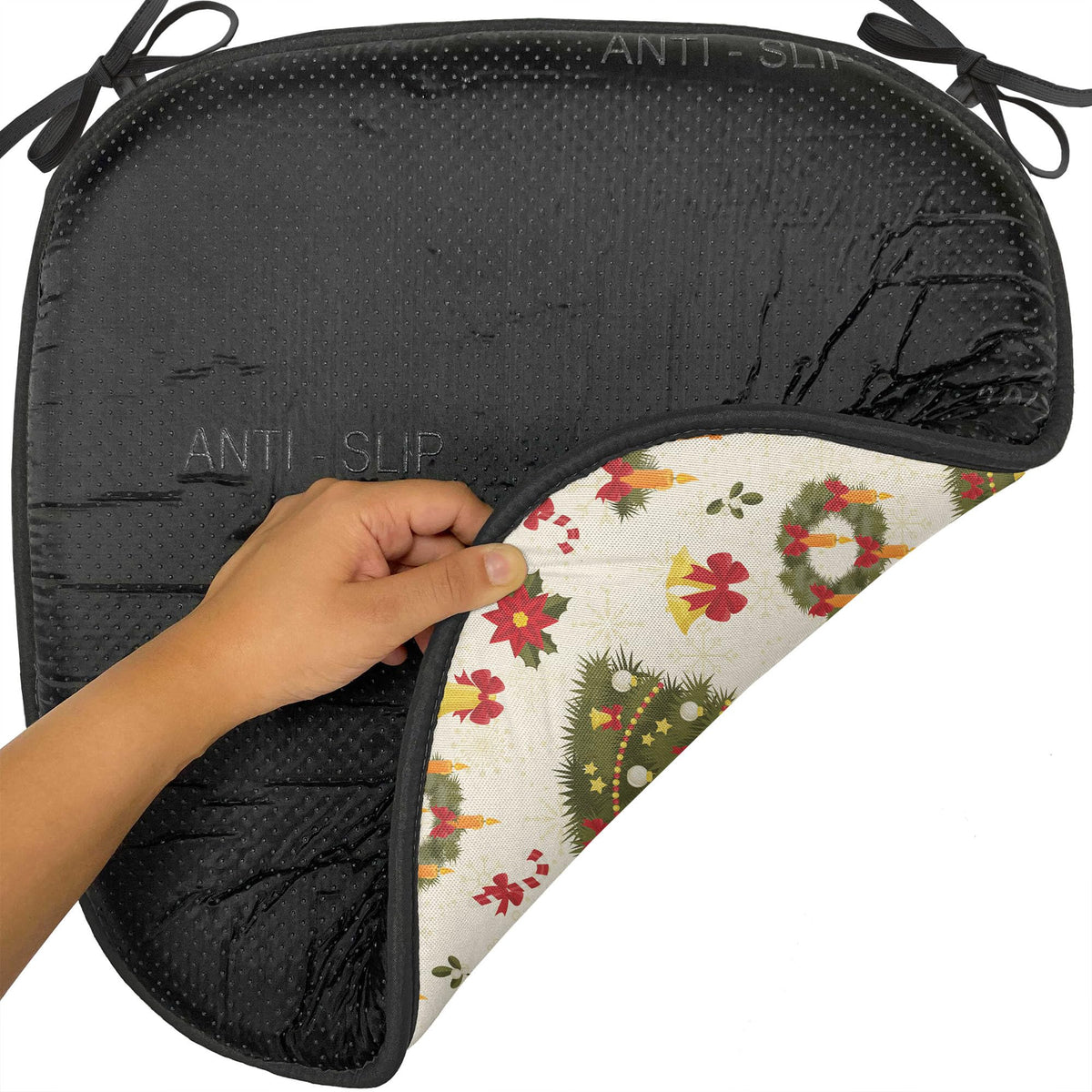 Ambesonne Christmas Chair Seating Cushion Set of 4, New Zealand Poinsettia Flower Xmas Trees Gift Boxes Art Culture Pattern, Anti-Slip Seat Padding for Kitchen & Patio, 16"x16", Olive Green Yellow