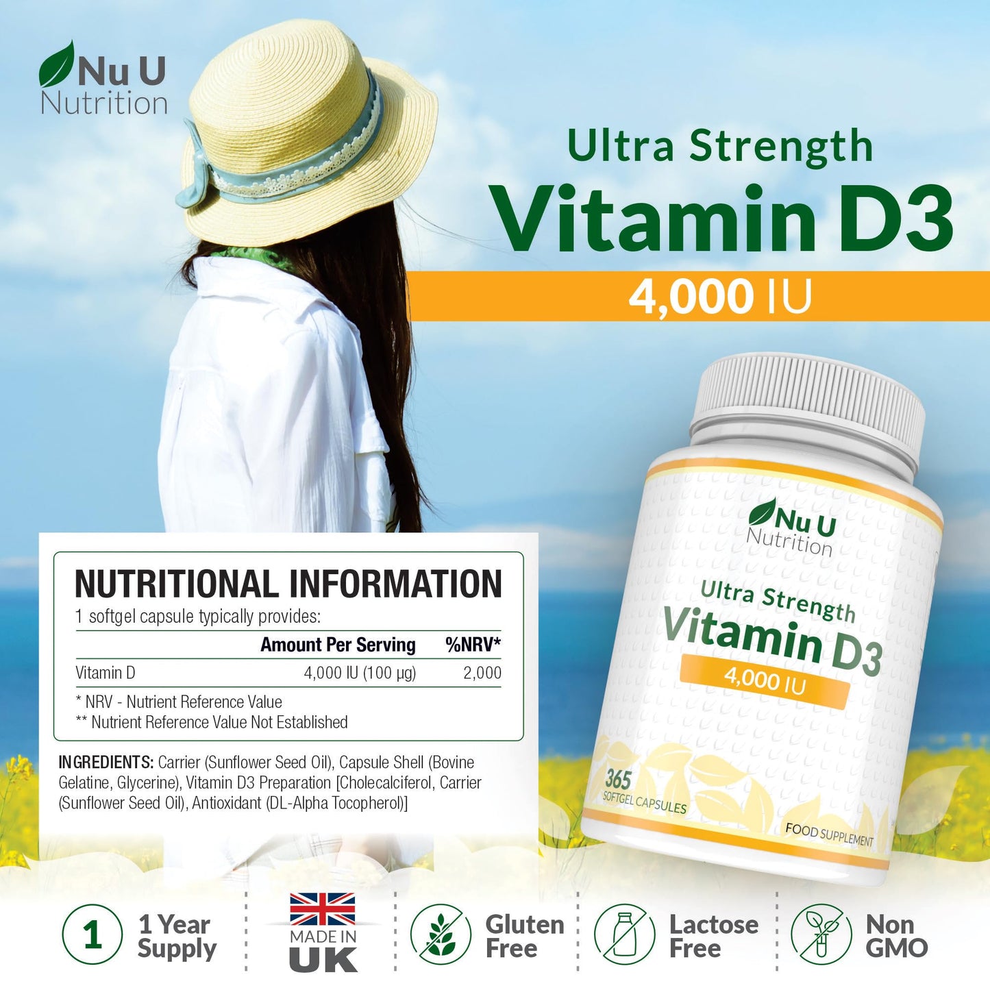 Nu U Nutrition - Vitamin D 4000 IU - 365 Softgel Capsules not Tablets - 1 Year Supply - Quadruple Strength -Easy to Swallow - Vitamin D3 Supplement - Made in The UK