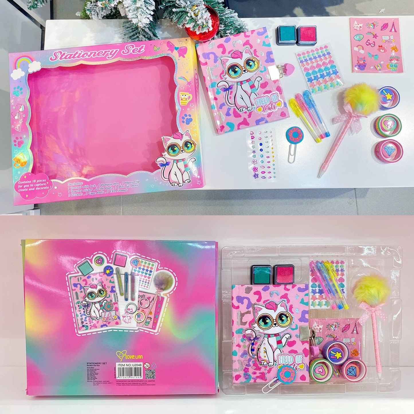 YOYTOO Cat Diary for Girls with Lock, Cat Stationery Set with Secret Diary, Stamps, Pens, Journal Notebook Birthday Gifts for Little Girls Age 5 6 7 8 9 10