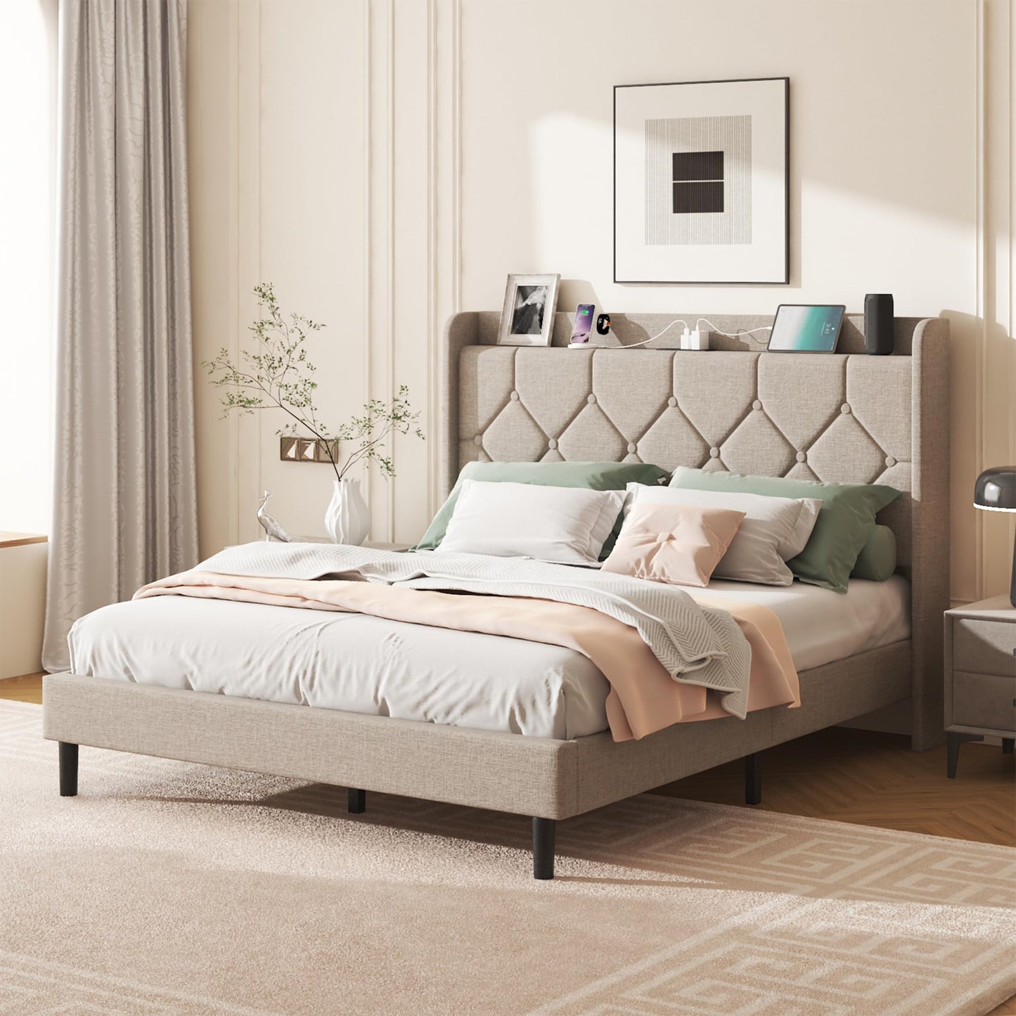 Queen Size Bed Frame with Diamond Tufted Linen Headboard & Storage Charging Port, Upholstered Platform Bed with Wood Slats & Sturdy Metal Frames, Noise-Free, No Box Spring Needed, Easy Assembly, Beige