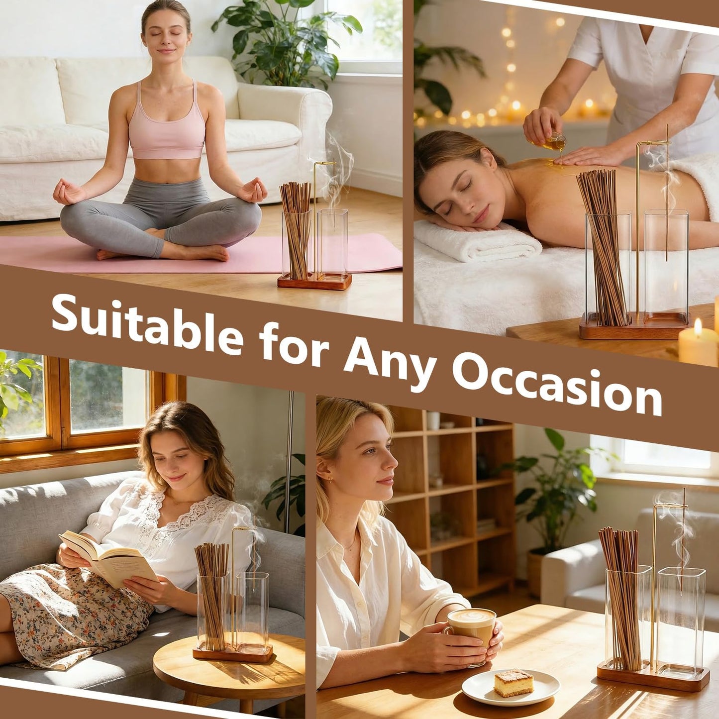 2-in-1 Incense Holder for Sticks with Dual Tall Glass Jars, Incense Burner with Glass Ash Catcher & Storage for Meditation Yoga Spa Room Home Decor