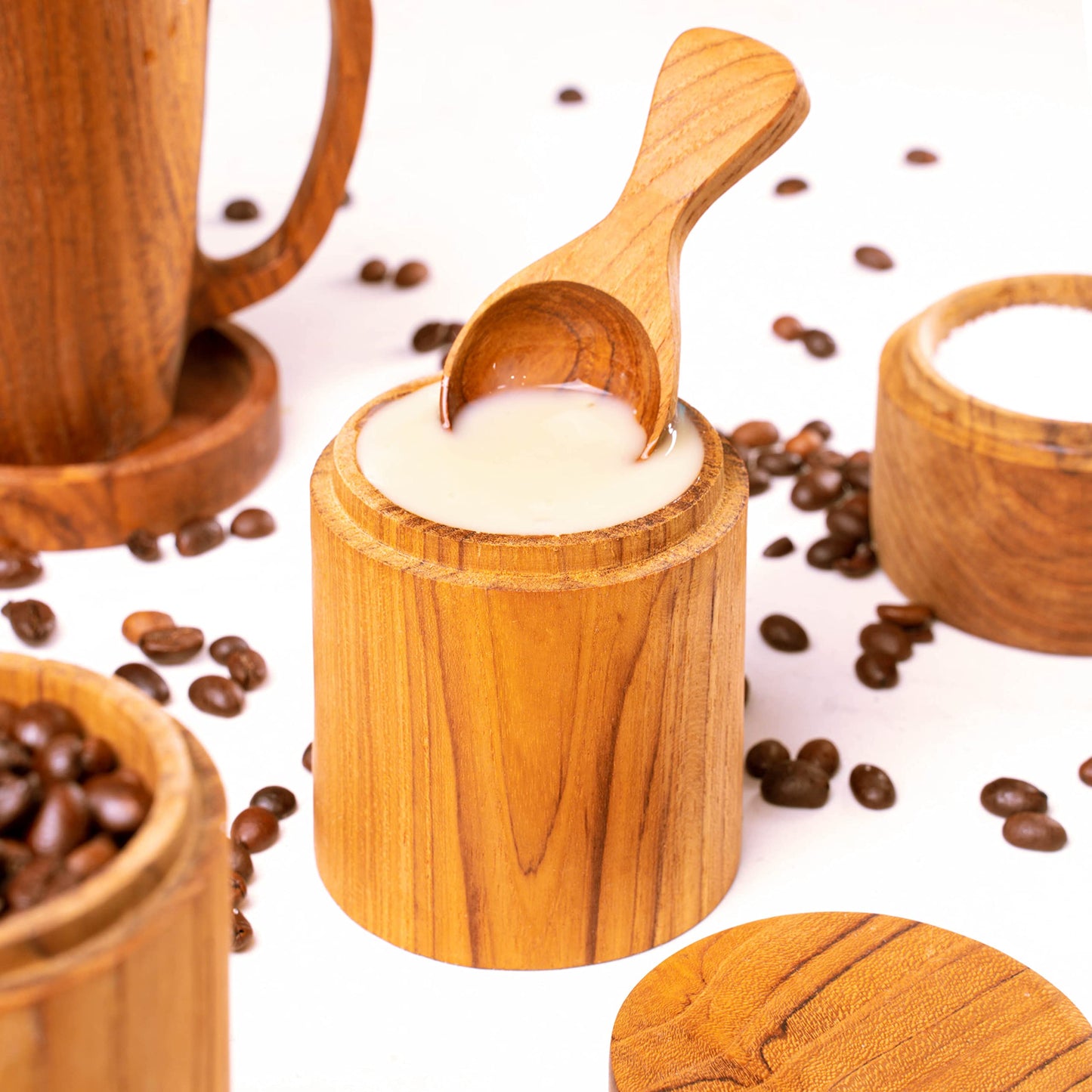 Rainforest Bowls Set of 4 Regular Round Javanese Teak Wood Spice Jars w/Lid - Perfect for Storing Salt, Herbs & Spices, Ultra-Durable- Premium Wooden Jars Handcrafted by Indonesian Artisans