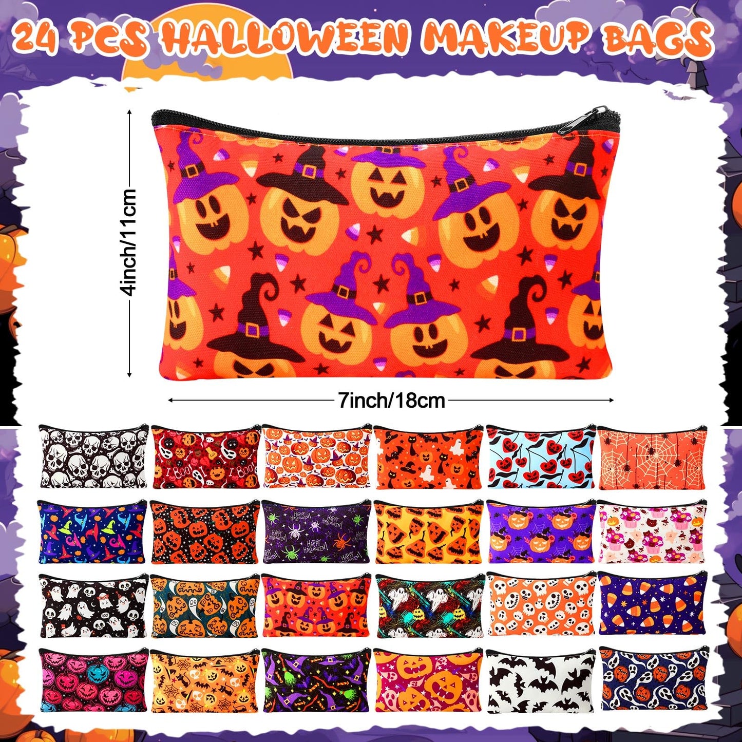 SilTriangle 24 Pieces Makeup Bags Bulk Canvas Cosmetic Bags Purse Organizer Zipper Cosmetic Pouch Portable Travel Toiletry Pouch for Women Men Gifts, 7 x 4 Inch (Halloween)