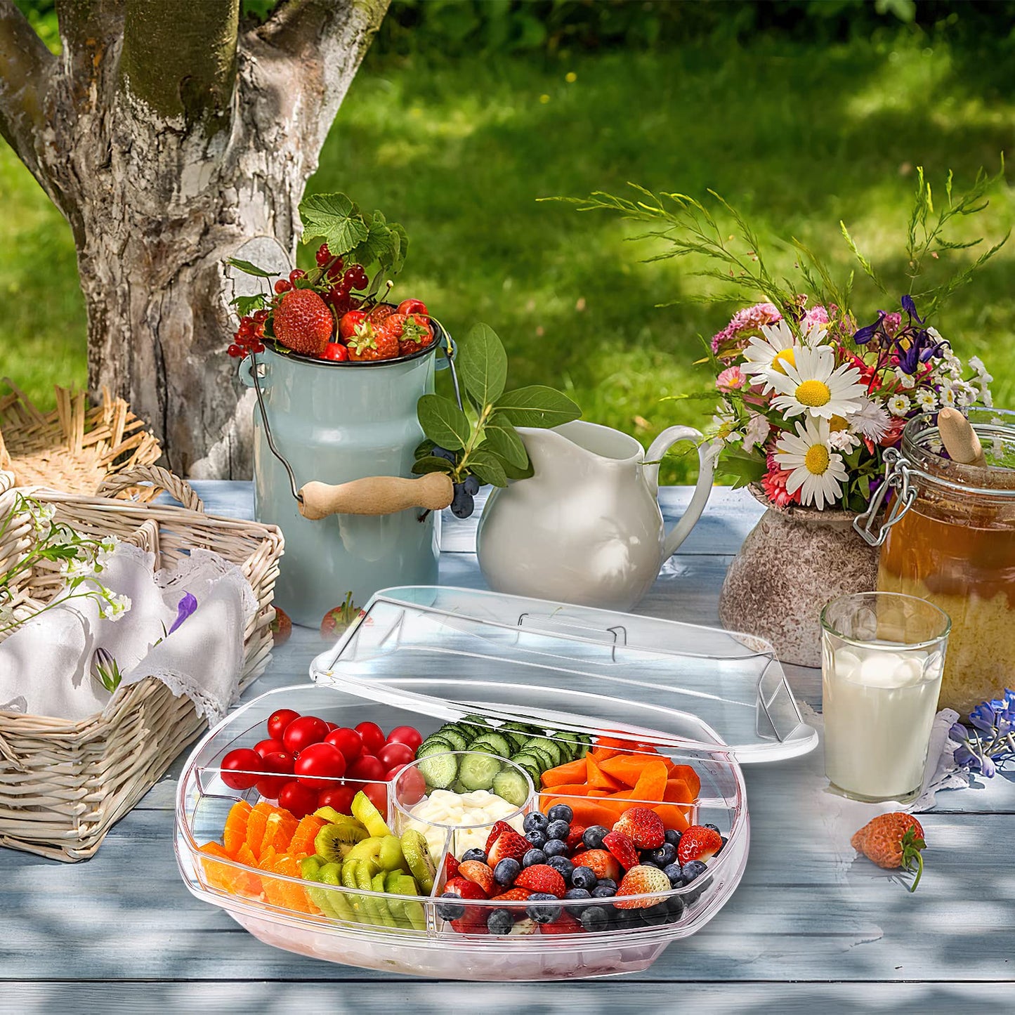 IVYHOME 3-Tier Chilled Serving Tray with Lid, 15" Fruit Ice Serving Platter with 4 Compartments, Shrimp Cocktail Serving Dish, Divided Serving Bowl for Parties