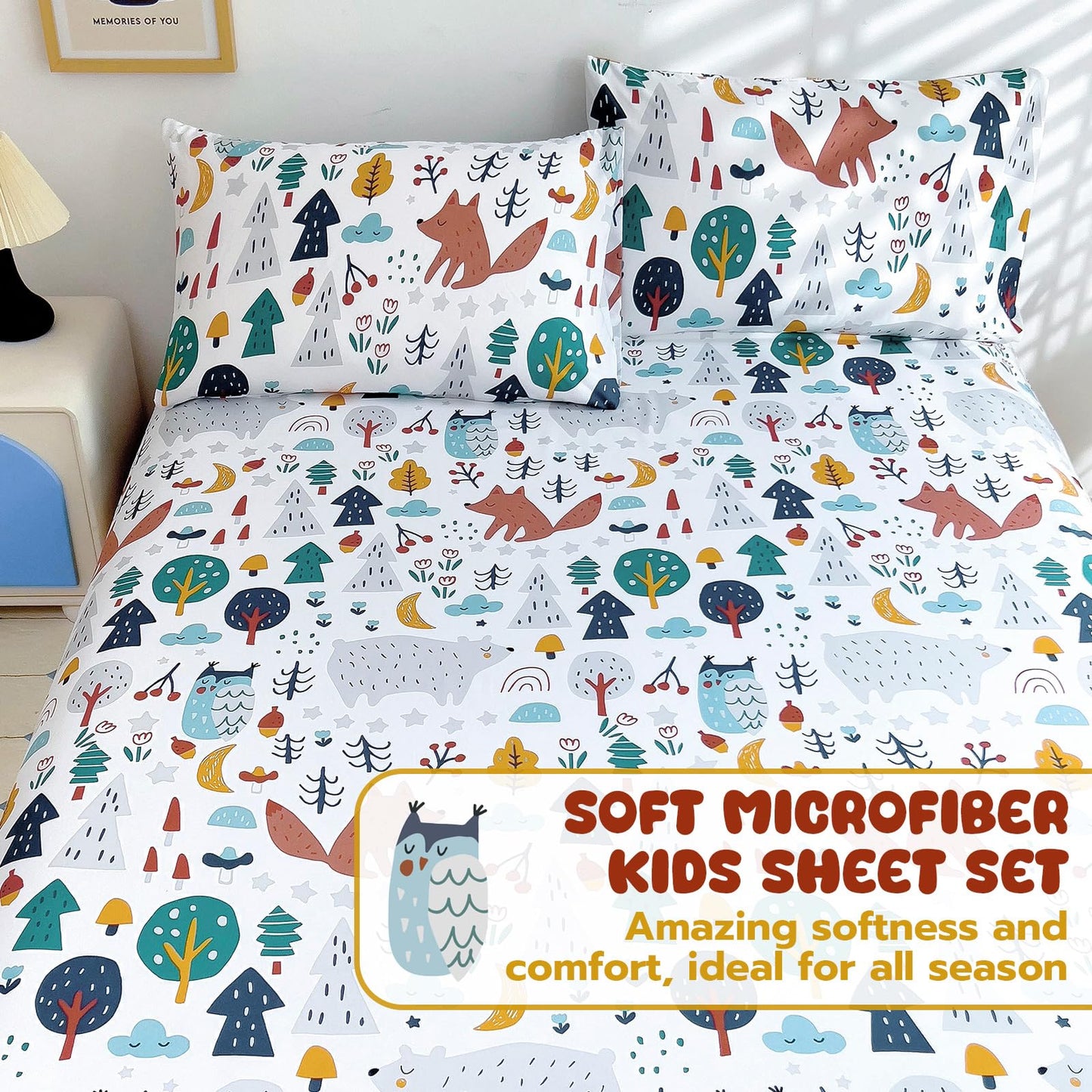 Homilay Full Sheet Set Kids - Cute Fox 4 Pieces Soft Microfiber Cartoon Style Bedsheets for Boys Girls Teens, Oeko TEX Breathable 15 Inch Deep Pocket Sheets(Forest)