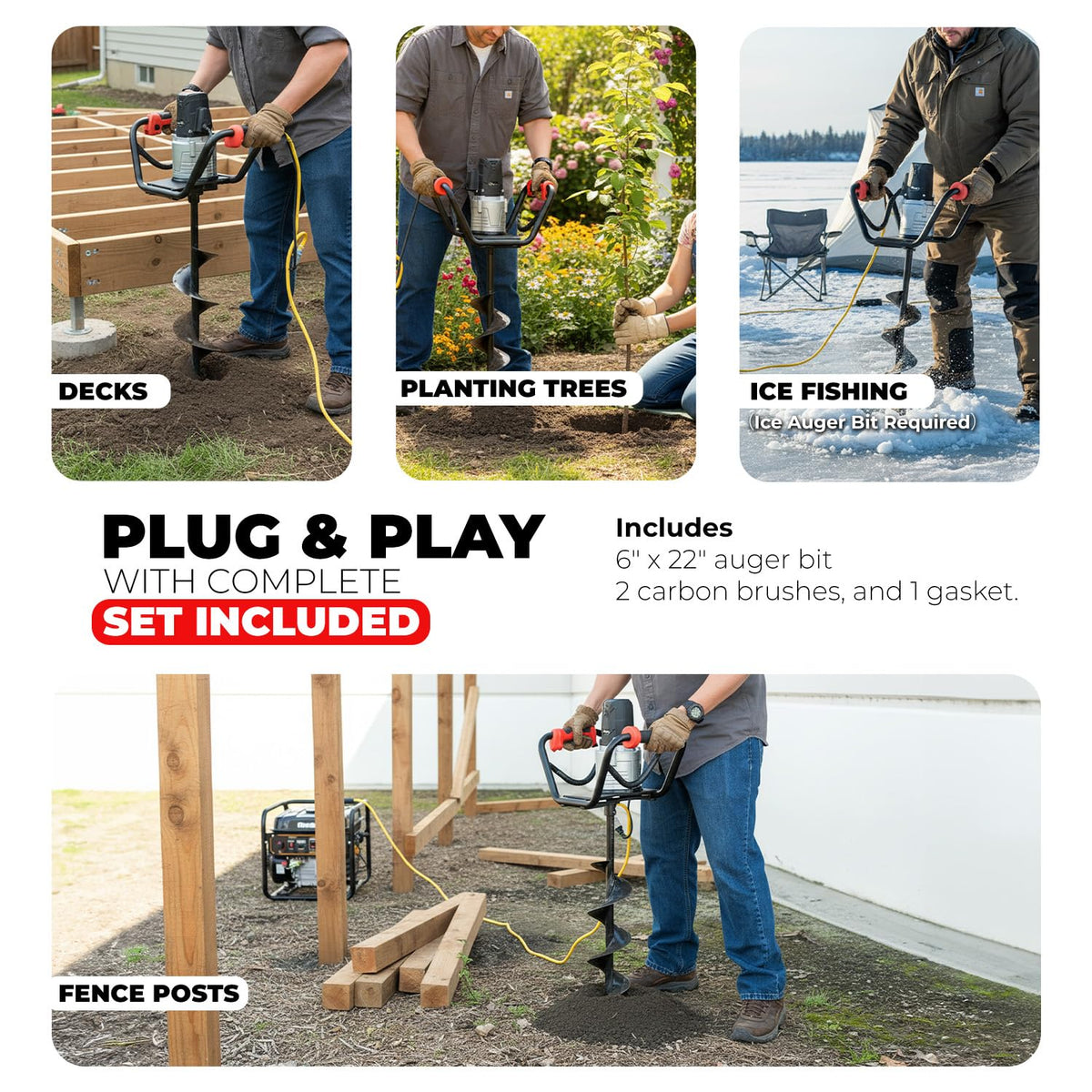 XtremepowerUS 1500W Electric Post Hole Digger Earth Auger with Reverse Function Dig Hole Fence Post Hole Digging, Tree Planting Include 6" Digging Auger Bit, 3/4" Shaft